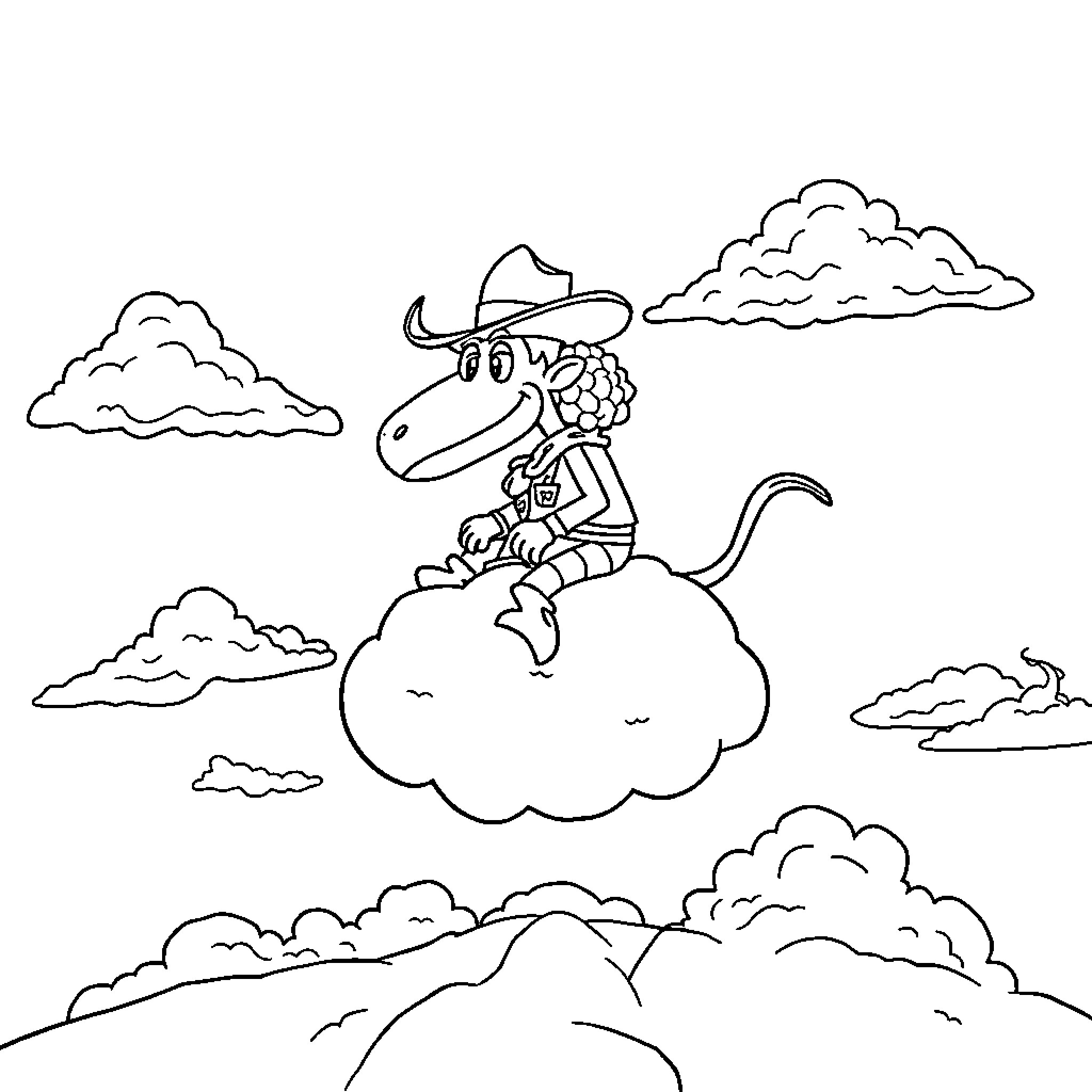 Brain Riding a Cloud in the Sky Coloring Page (free black-and-white line drawing printable PDF for all, from beginners to advanced learners, including children, teens, adults, and seniors)