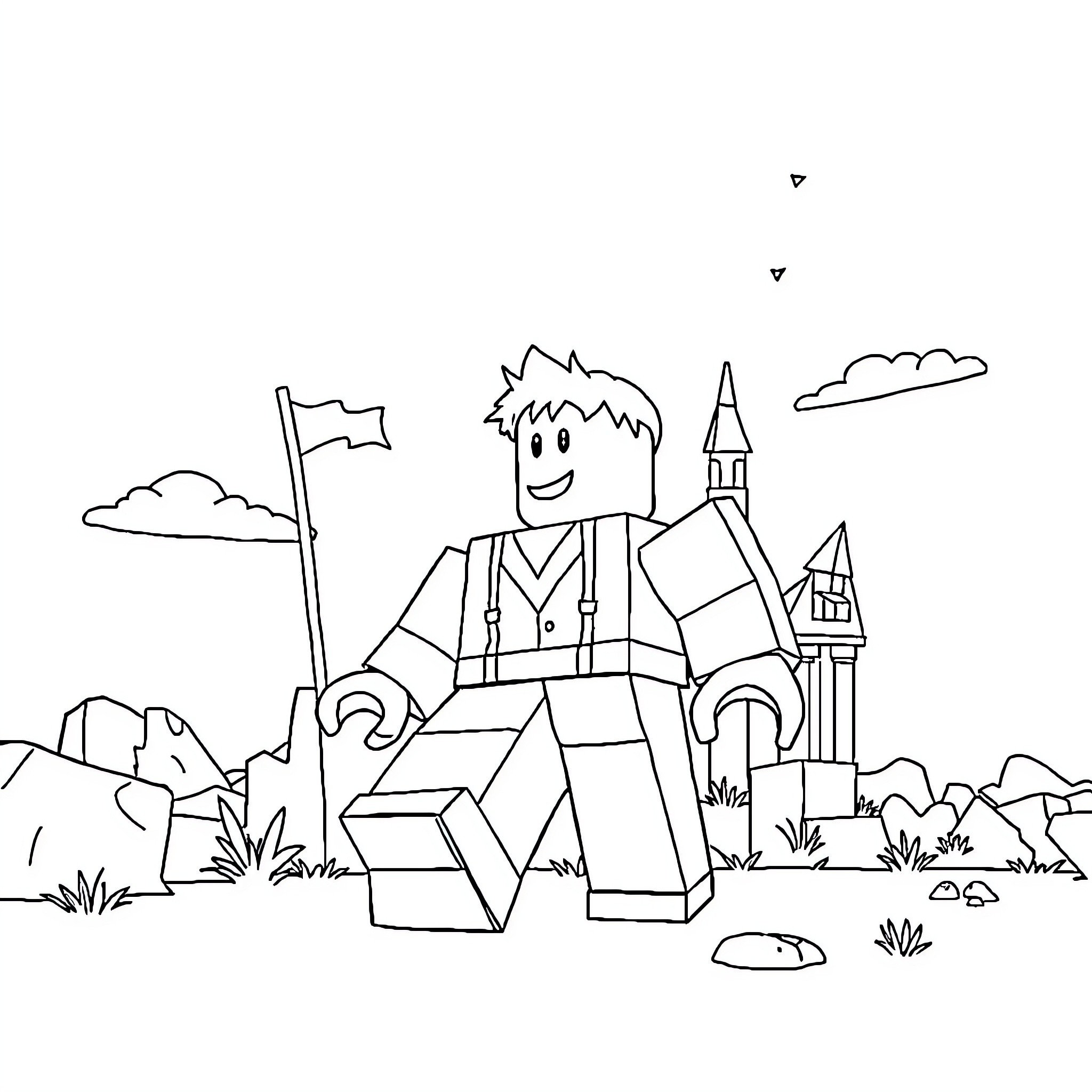 Roblox character exploring a fantasy landscape Coloring Page (free black-and-white line drawing printable PDF for all, from beginners to advanced learners, including children, teens, adults, and seniors)