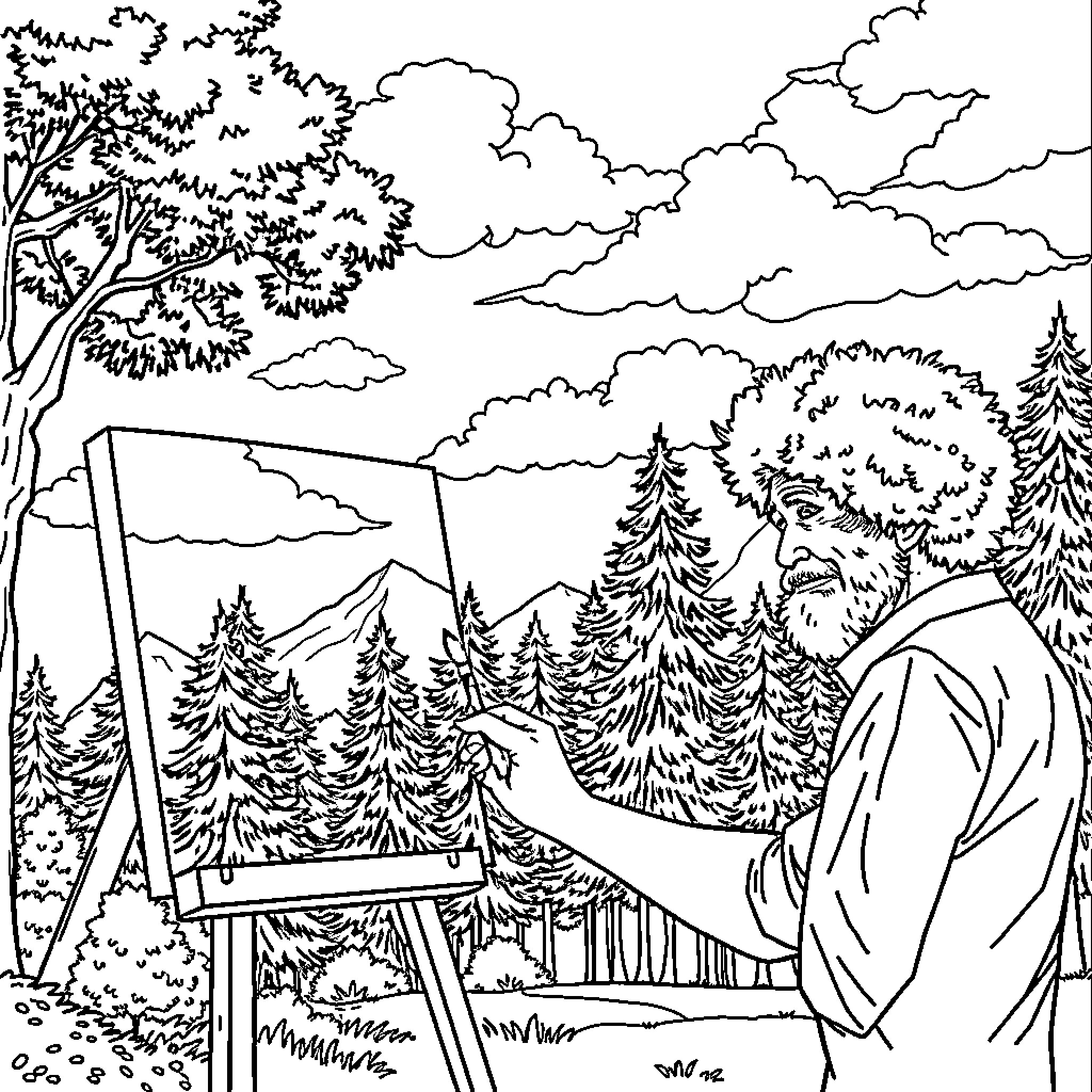 Bob Ross Painting a Serene Landscape Outdoors Coloring Page (free black-and-white line drawing printable PDF for all, from beginners to advanced learners, including children, teens, adults, and seniors)