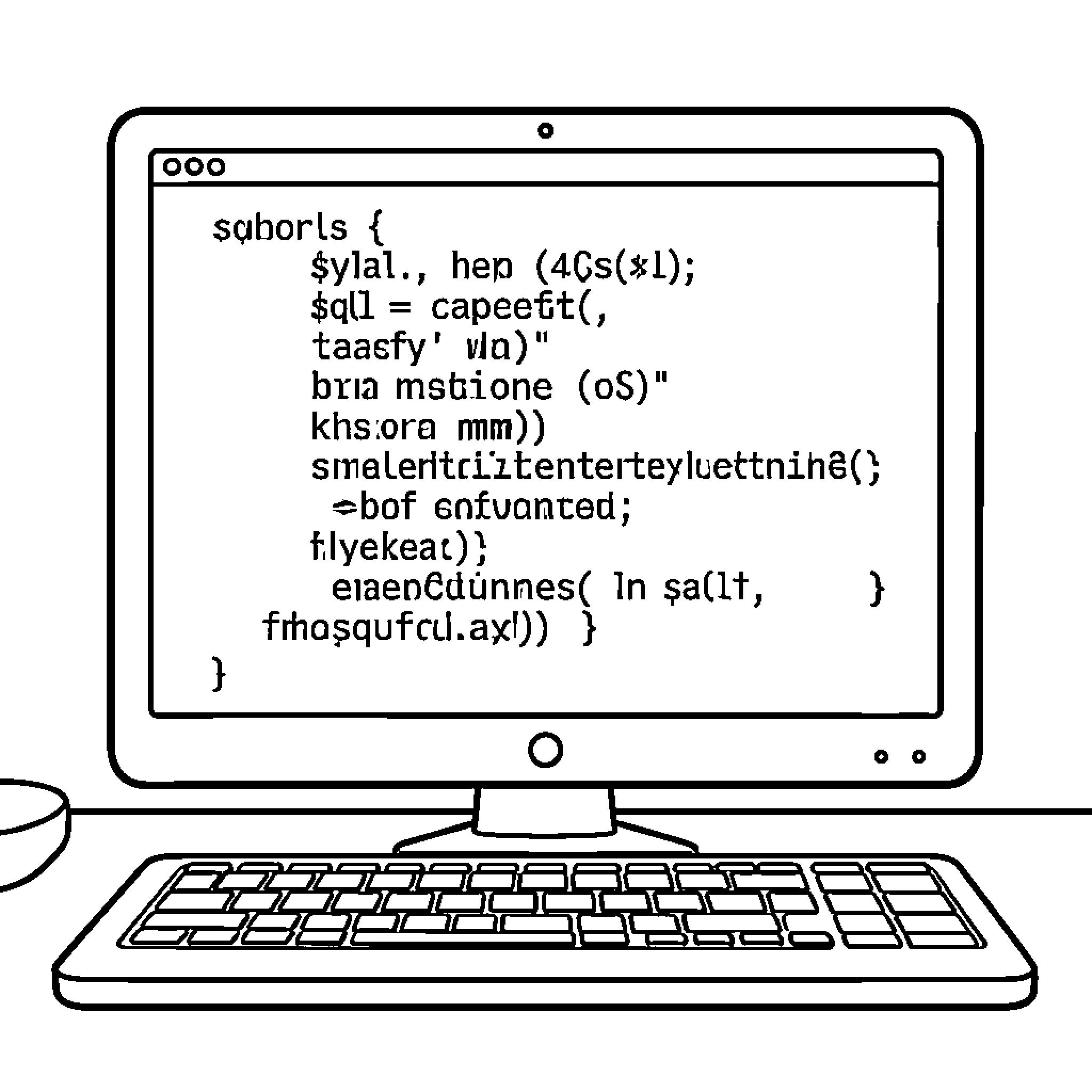 SQL Code Displayed on Computer Screen Coloring Page (free black-and-white line drawing printable PDF for all, from beginners to advanced learners, including children, teens, adults, and seniors)