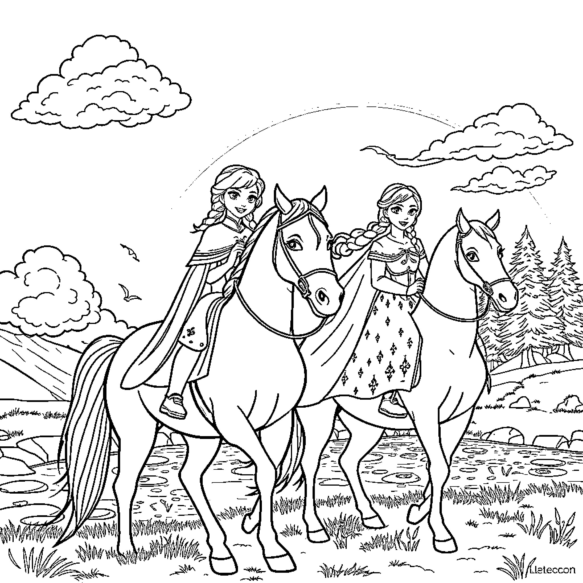 Elsa and Anna on a horseback adventure Coloring Page (free black-and-white line drawing printable PDF for all, from beginners to advanced learners, including children, teens, adults, and seniors)