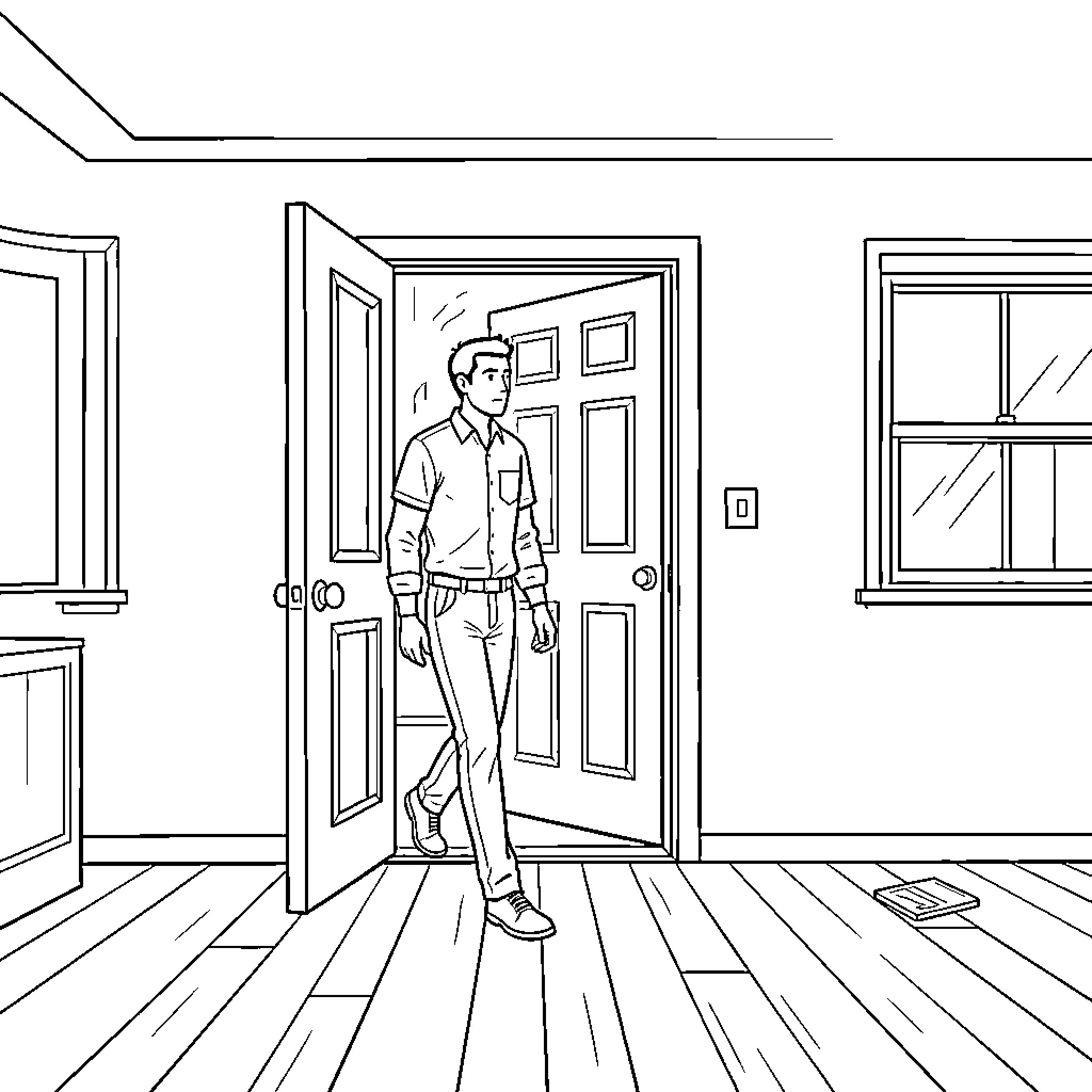 Man walking through an open doorway into a room Coloring Page (free black-and-white line drawing printable PDF for all, from beginners to advanced learners, including children, teens, adults, and seniors)