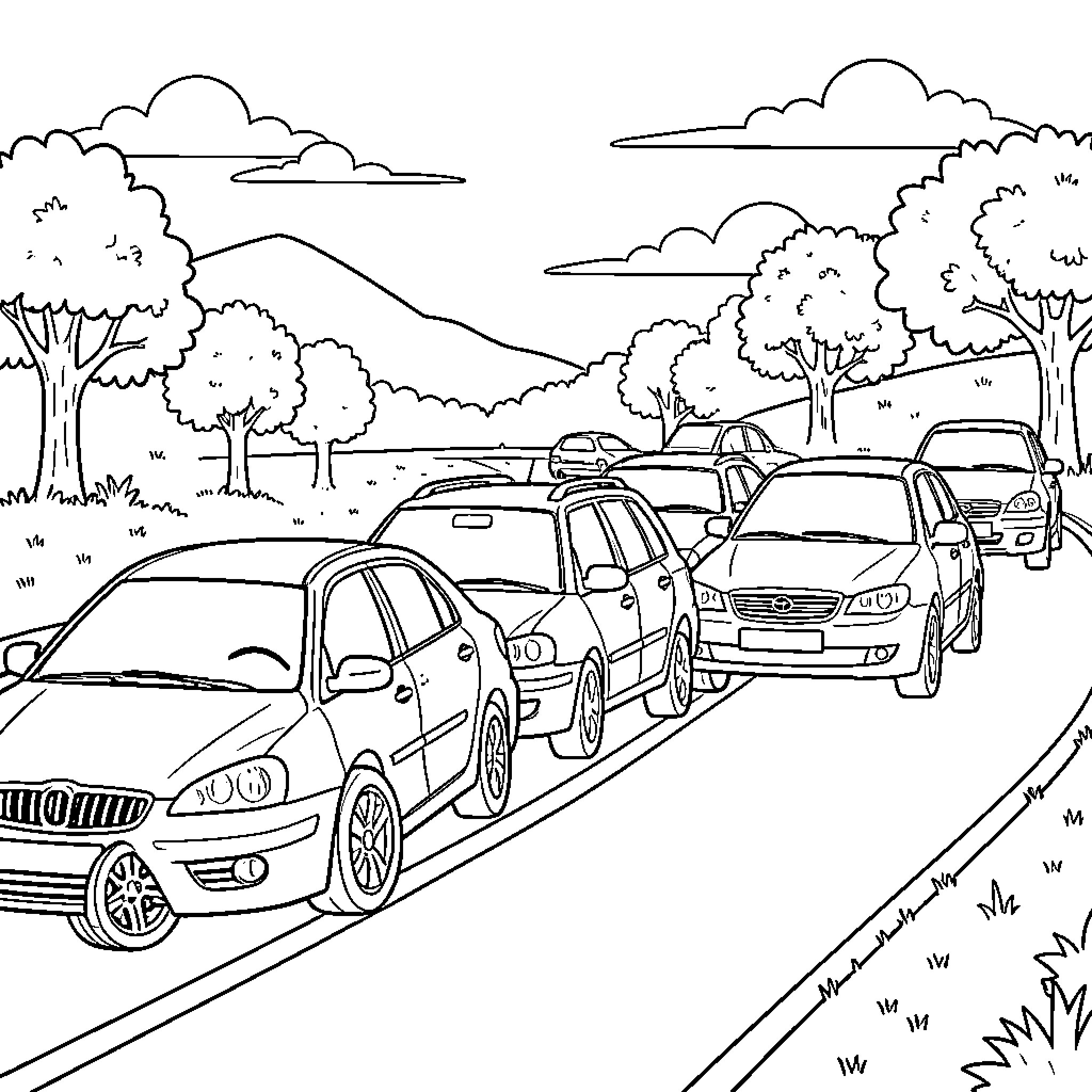 Cars on the road in a scenic landscape Coloring Page (free black-and-white line drawing printable PDF for all, from beginners to advanced learners, including children, teens, adults, and seniors)
