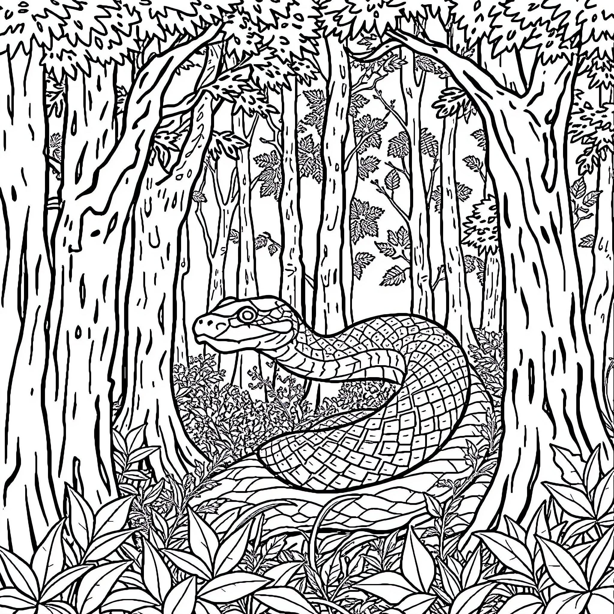 Serpent slithering through the lush forest Coloring Page (free black-and-white line drawing printable PDF for all, from beginners to advanced learners, including children, teens, adults, and seniors)