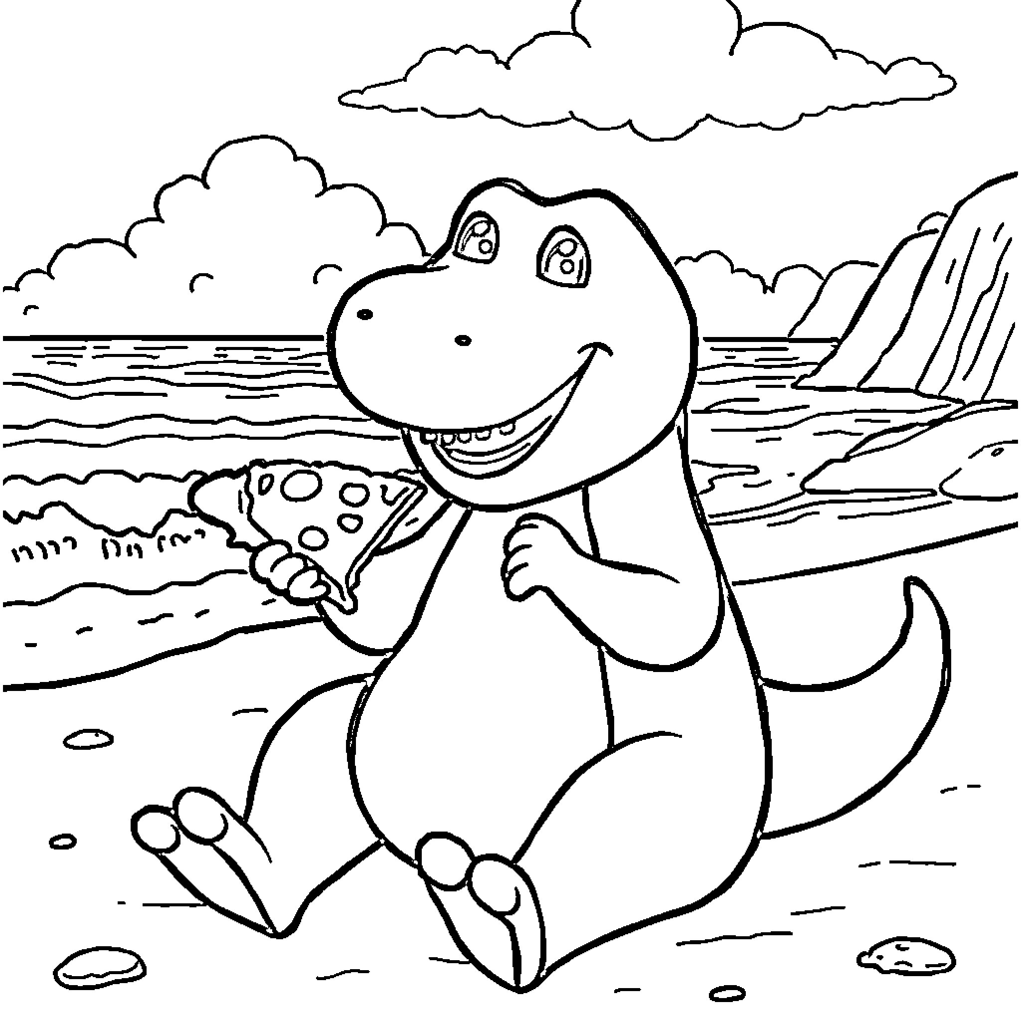 Barney enjoying a sunny day on the beach Coloring Page (free black-and-white line drawing printable PDF for all, from beginners to advanced learners, including children, teens, adults, and seniors)