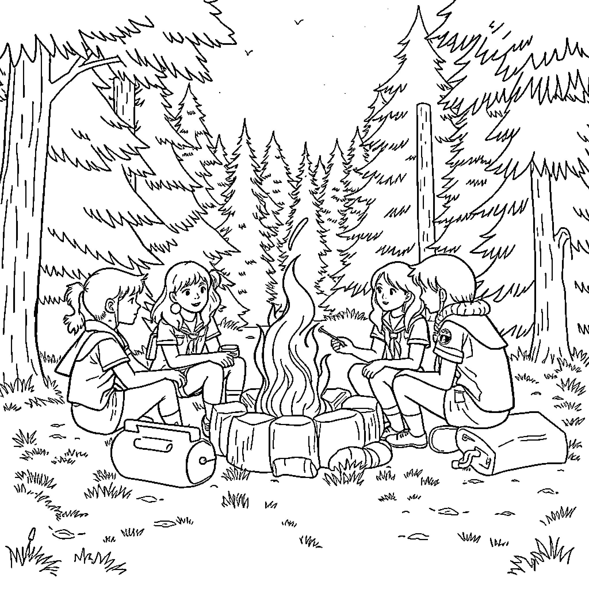 Girl Scouts enjoying a campfire in the forest Coloring Page (free black-and-white line drawing printable PDF for all, from beginners to advanced learners, including children, teens, adults, and seniors)
