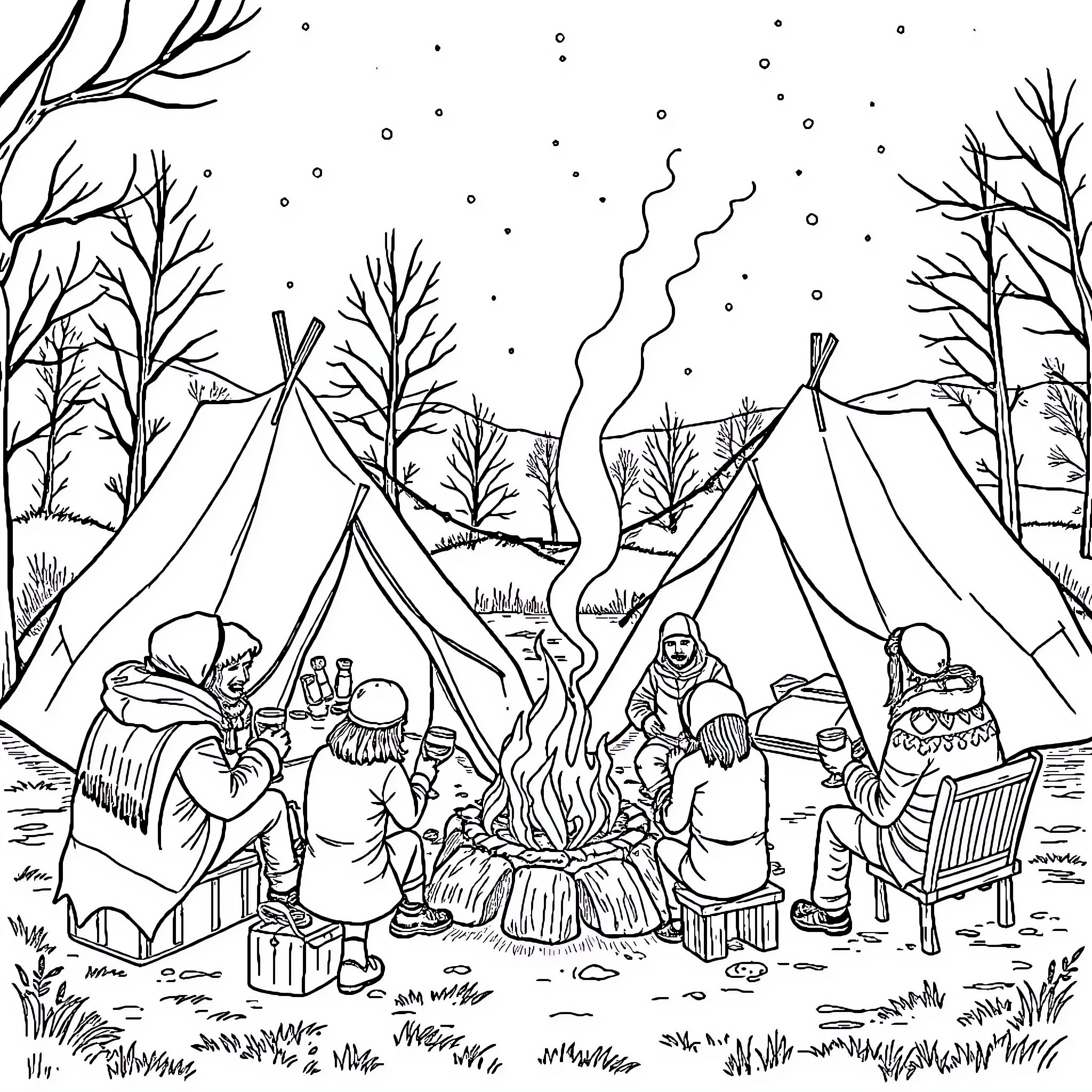 Egg Camping Adventure in Snowy Wilderness Coloring Page (free black-and-white line drawing printable PDF for all, from beginners to advanced learners, including children, teens, adults, and seniors)
