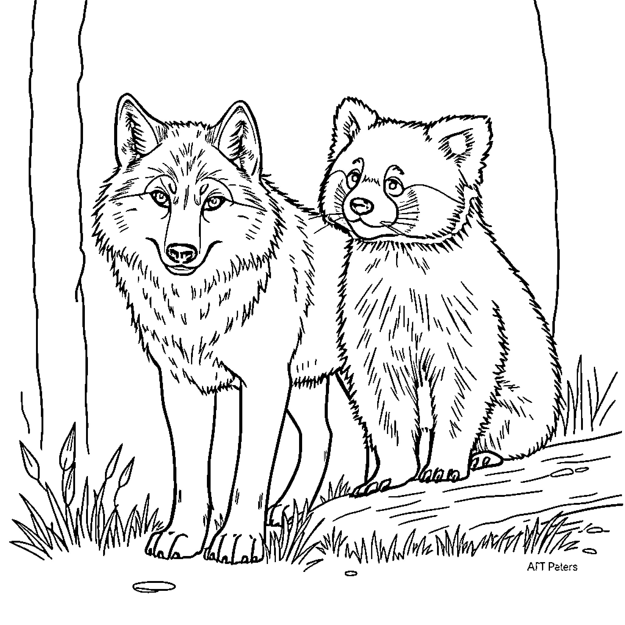 Wolf Pair Exploring the Wilderness Together Coloring Page (free black-and-white line drawing printable PDF for all, from beginners to advanced learners, including children, teens, adults, and seniors)