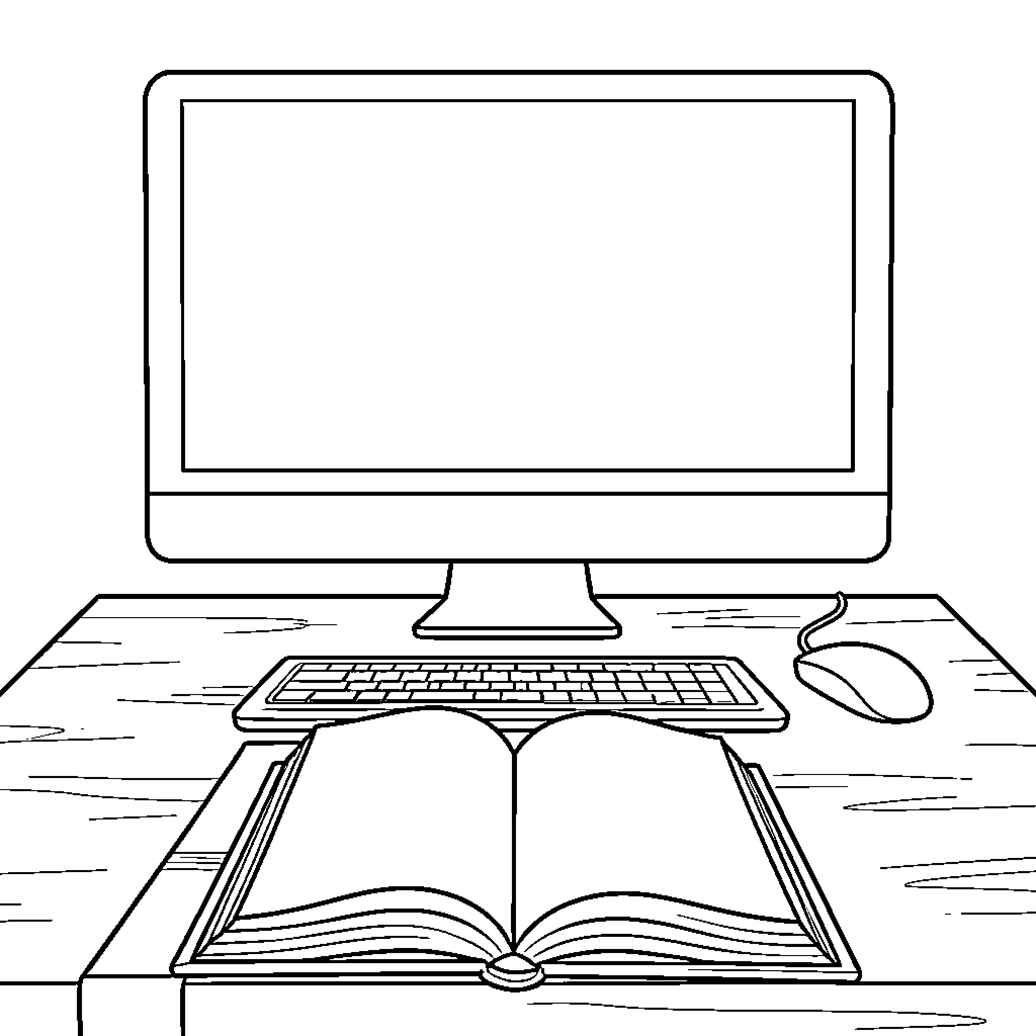 Desk with computer and an open book Coloring Page (free black-and-white line drawing printable PDF for all, from beginners to advanced learners, including children, teens, adults, and seniors)
