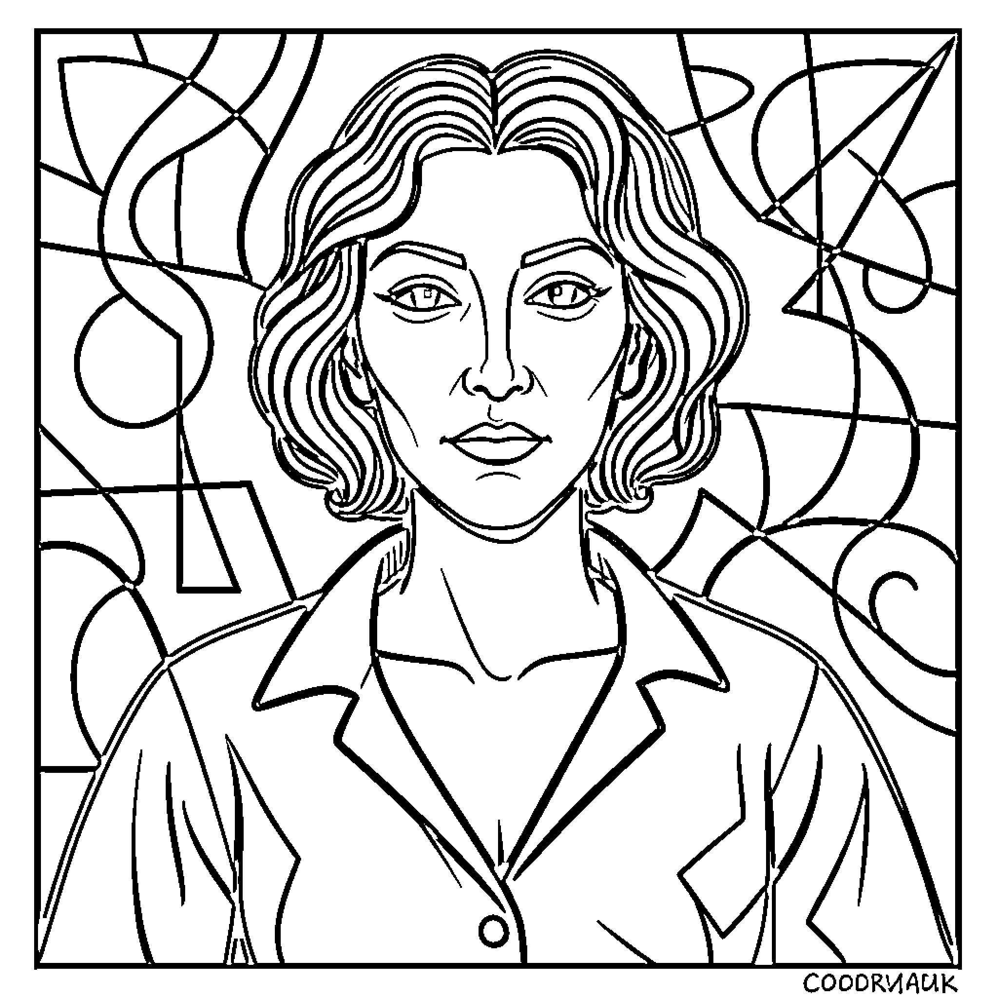 Woman with wavy hair looking forward with a calm expression Coloring Page (free black-and-white line drawing printable PDF for all, from beginners to advanced learners, including children, teens, adults, and seniors)