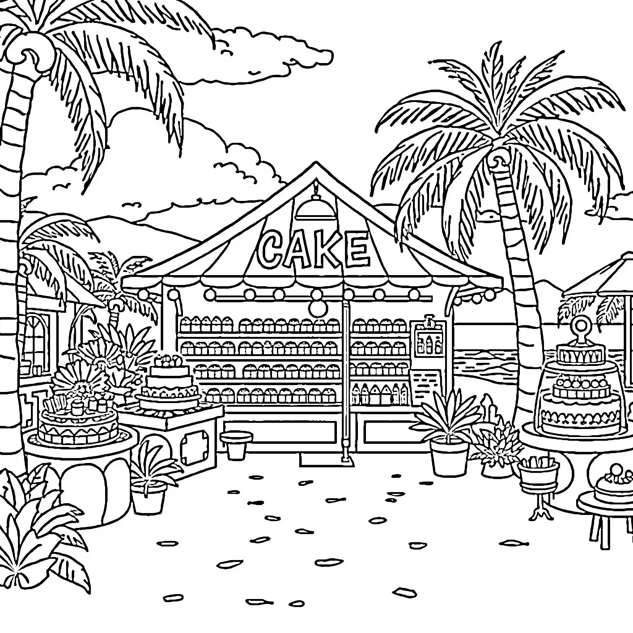 Cake shop at a tropical beach destination Coloring Page (free black-and-white line drawing printable PDF for all, from beginners to advanced learners, including children, teens, adults, and seniors)