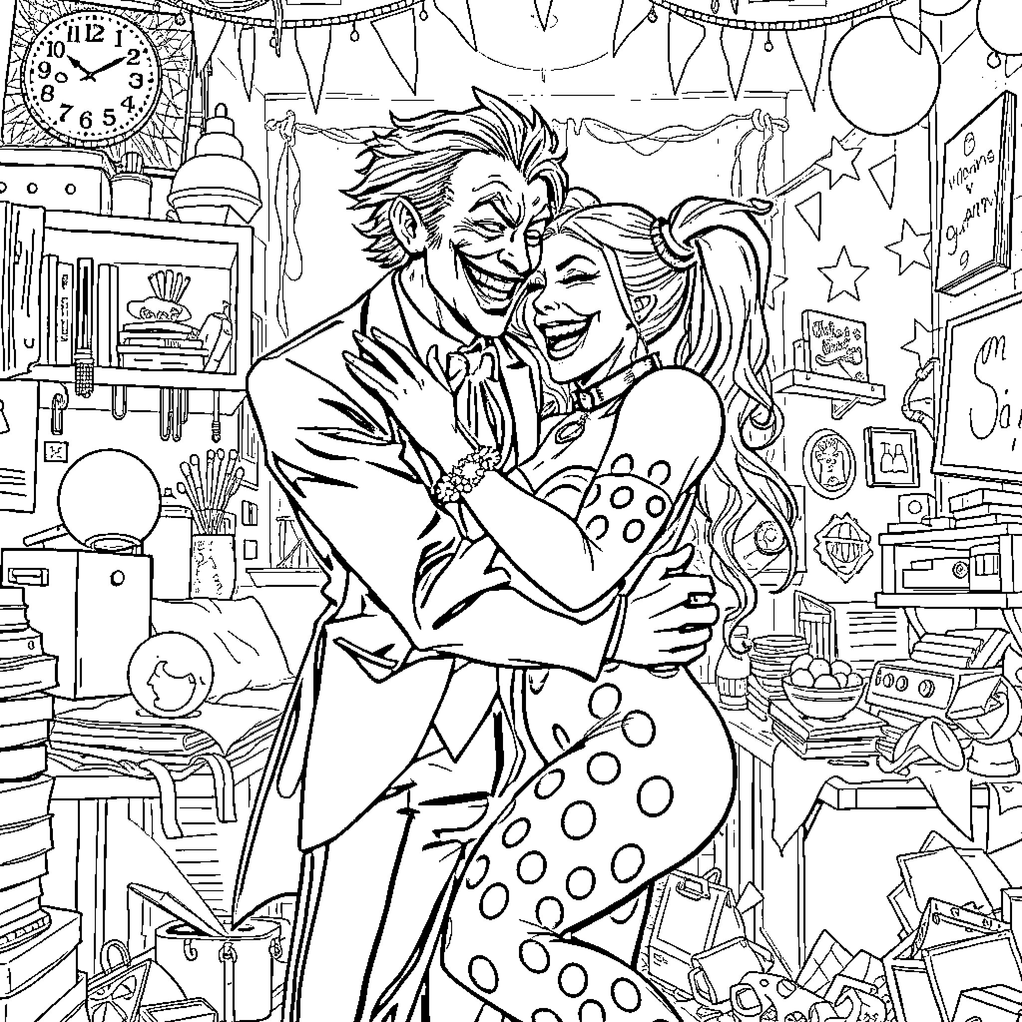 Joker and Harley Quinn embracing in a playful scene Coloring Page (free black-and-white line drawing printable PDF for all, from beginners to advanced learners, including children, teens, adults, and seniors)