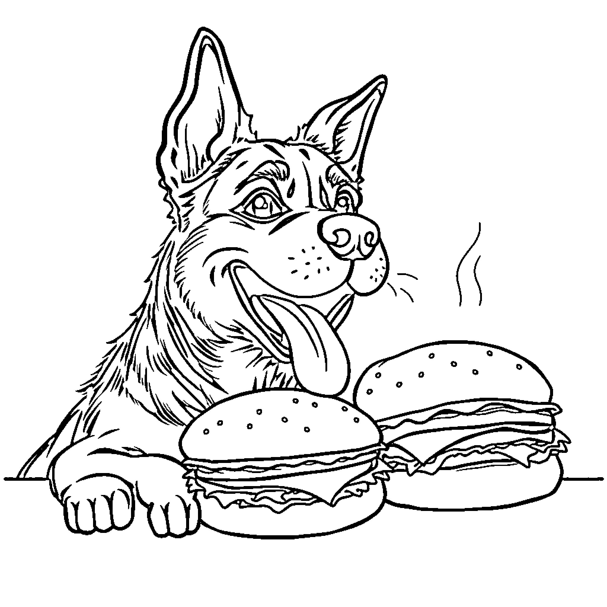Dog enjoying tasty burgers Coloring Page (free black-and-white line drawing printable PDF for all, from beginners to advanced learners, including children, teens, adults, and seniors)