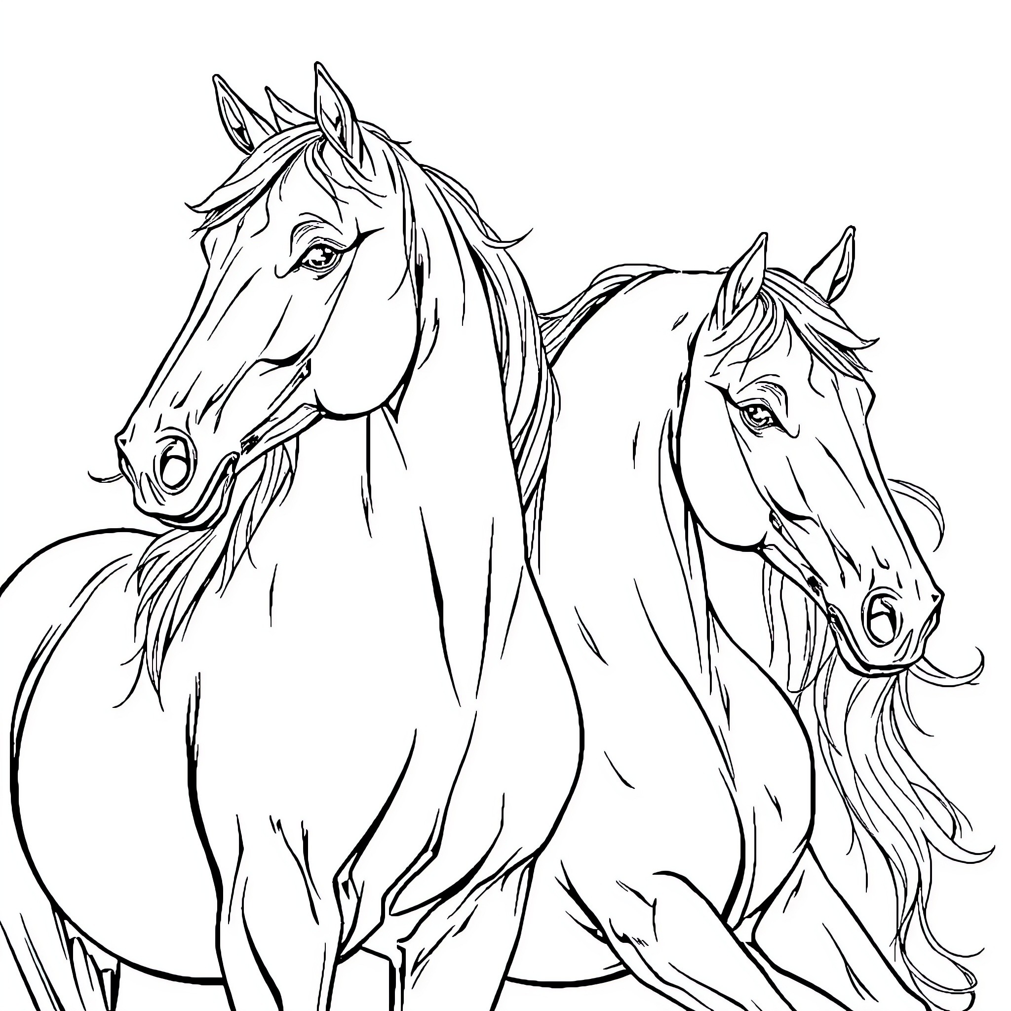 Horse friends galloping together Coloring Page (free black-and-white line drawing printable PDF for all, from beginners to advanced learners, including children, teens, adults, and seniors)