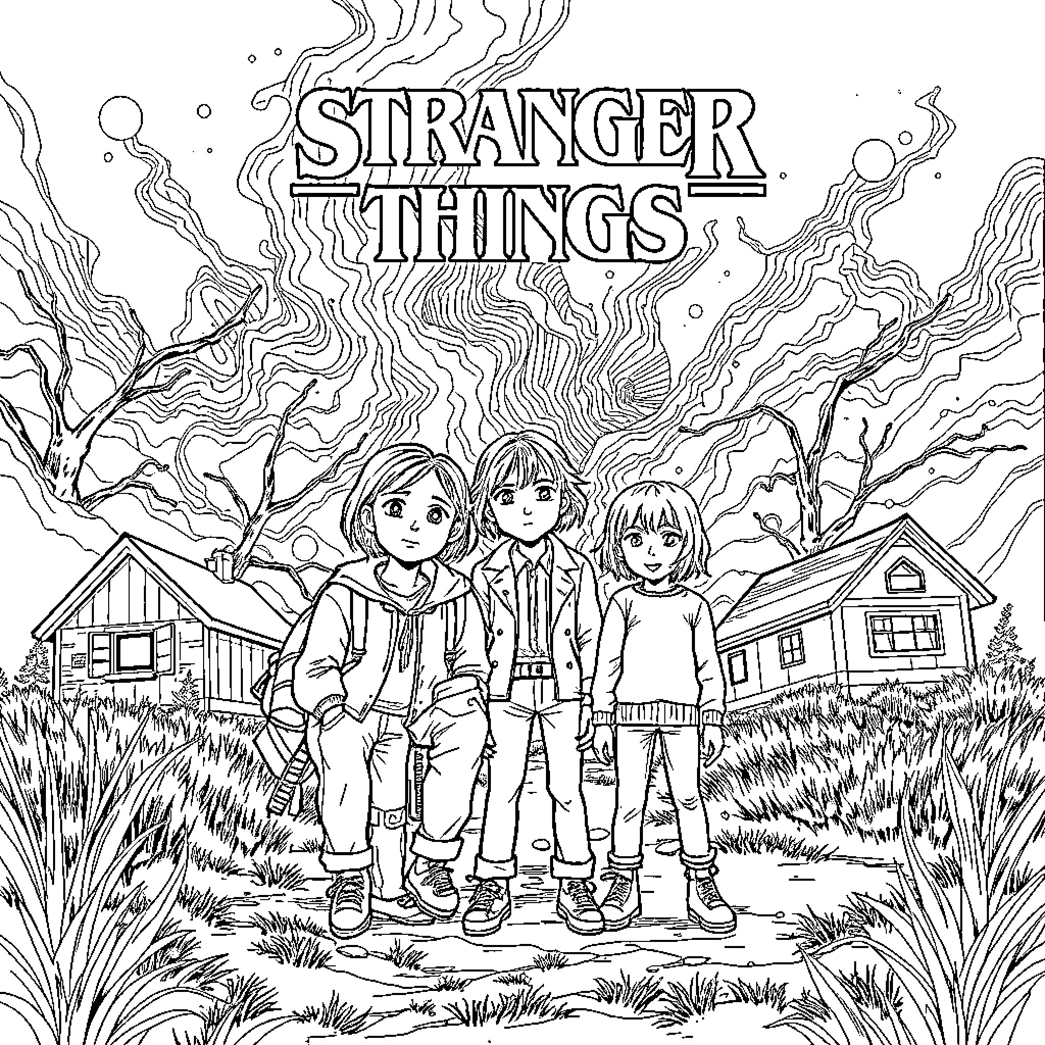 Stranger Things - Group portrait of friends in an eerie landscape Coloring Page (free black-and-white line drawing printable PDF for all, from beginners to advanced learners, including children, teens, adults, and seniors)