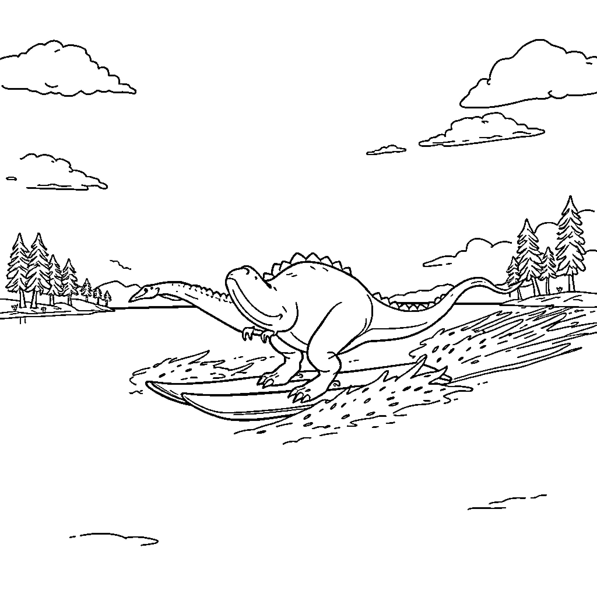 Dinosaur exploring a lush, natural landscape Coloring Page (free black-and-white line drawing printable PDF for all, from beginners to advanced learners, including children, teens, adults, and seniors)