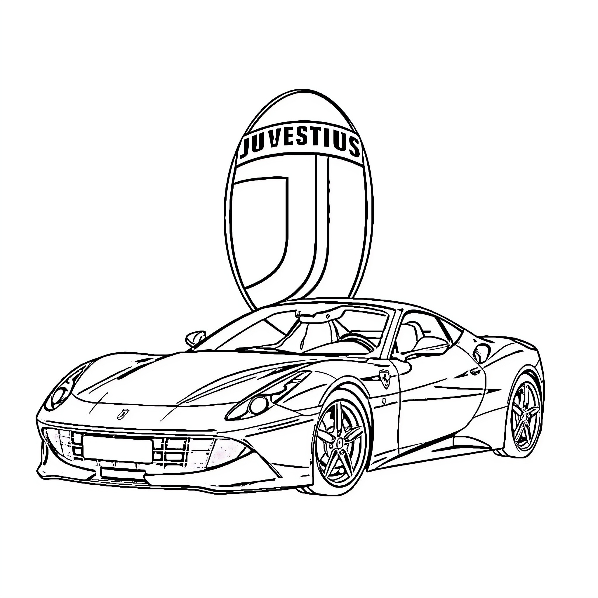 Juventus sports car with team logo in background Coloring Page (free black-and-white line drawing printable PDF for all, from beginners to advanced learners, including children, teens, adults, and seniors)