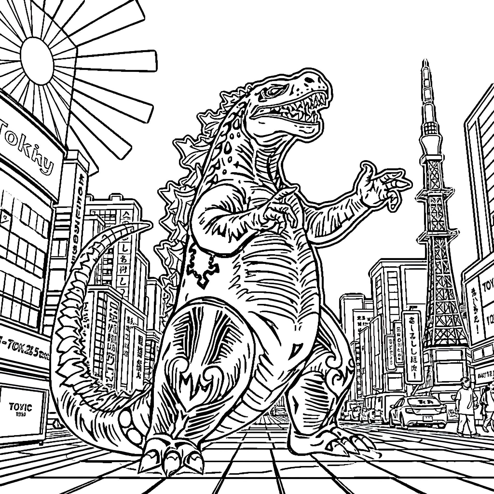 Godzilla destroying Tokyo cityscape Coloring Page (free black-and-white line drawing printable PDF for all, from beginners to advanced learners, including children, teens, adults, and seniors)