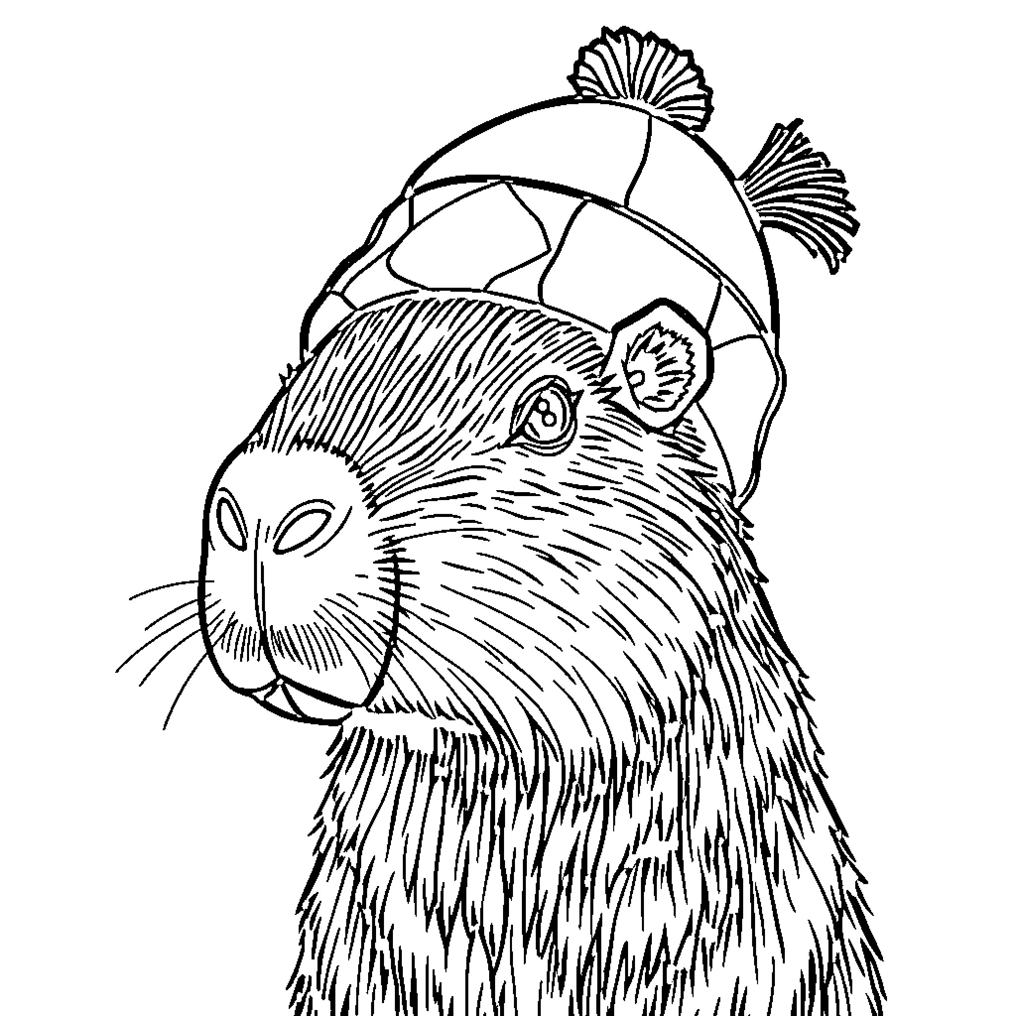Capybara wearing a cozy winter hat Coloring Page (free black-and-white line drawing printable PDF for all, from beginners to advanced learners, including children, teens, adults, and seniors)