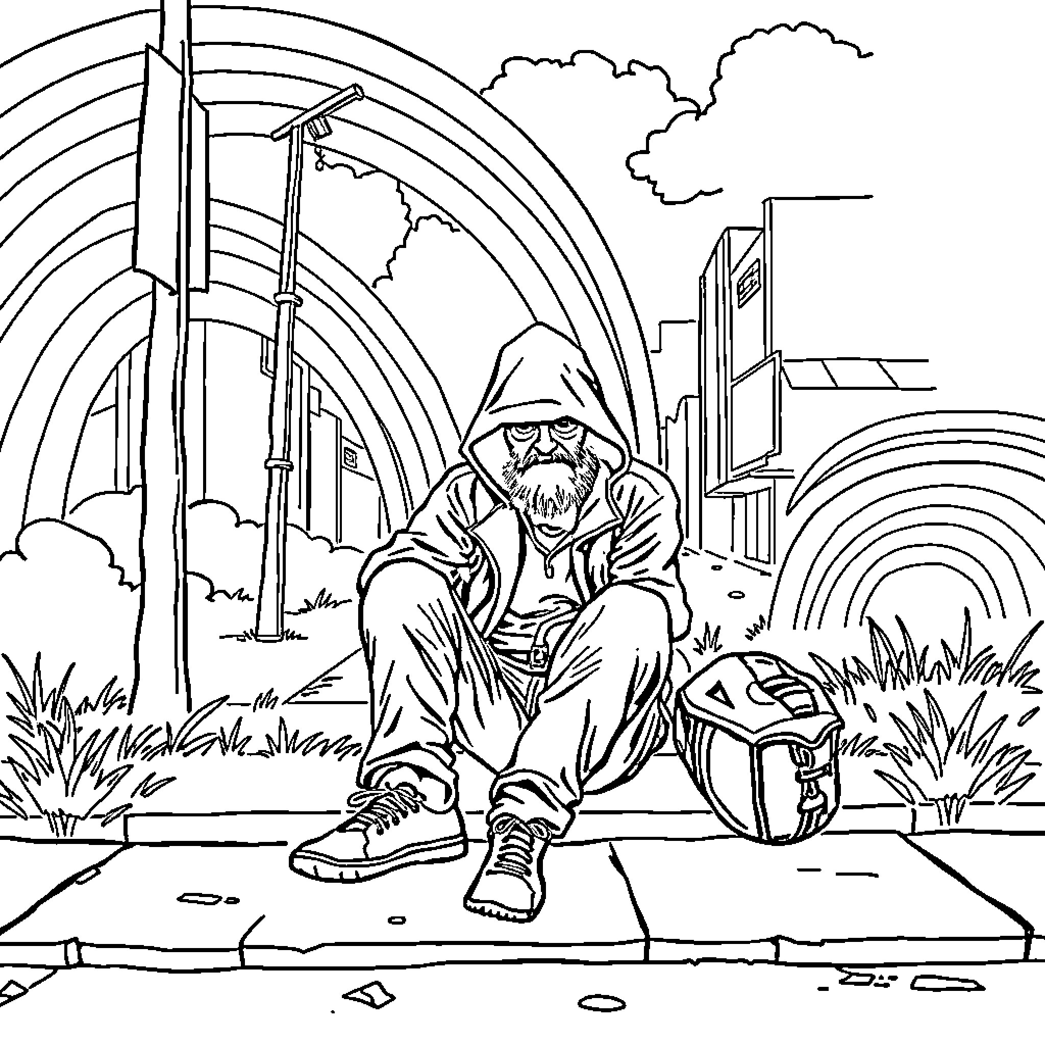 Bum resting in urban surroundings Coloring Page (free black-and-white line drawing printable PDF for all, from beginners to advanced learners, including children, teens, adults, and seniors)