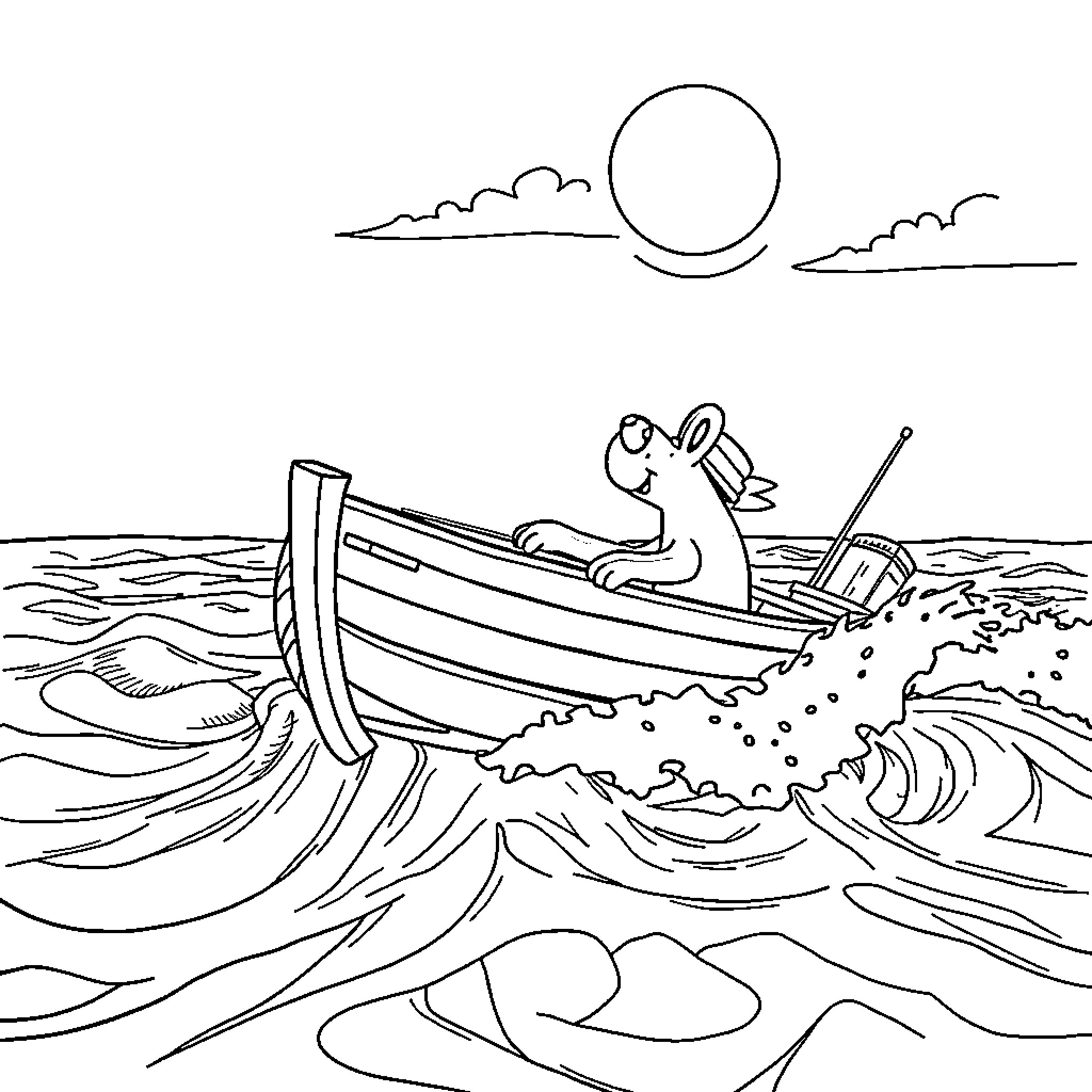 Bluey's Boat Adventure on the Waves Coloring Page (free black-and-white line drawing printable PDF for all, from beginners to advanced learners, including children, teens, adults, and seniors)
