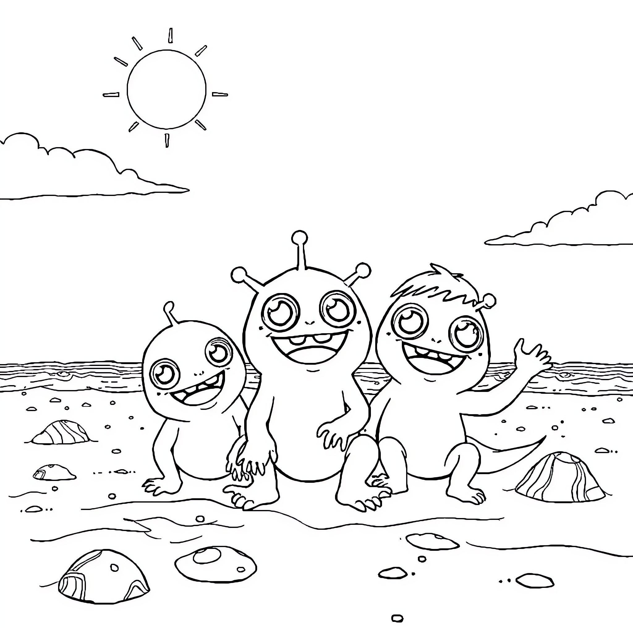 Monster Aliens Frolicking on the Beach Coloring Page (free black-and-white line drawing printable PDF for all, from beginners to advanced learners, including children, teens, adults, and seniors)