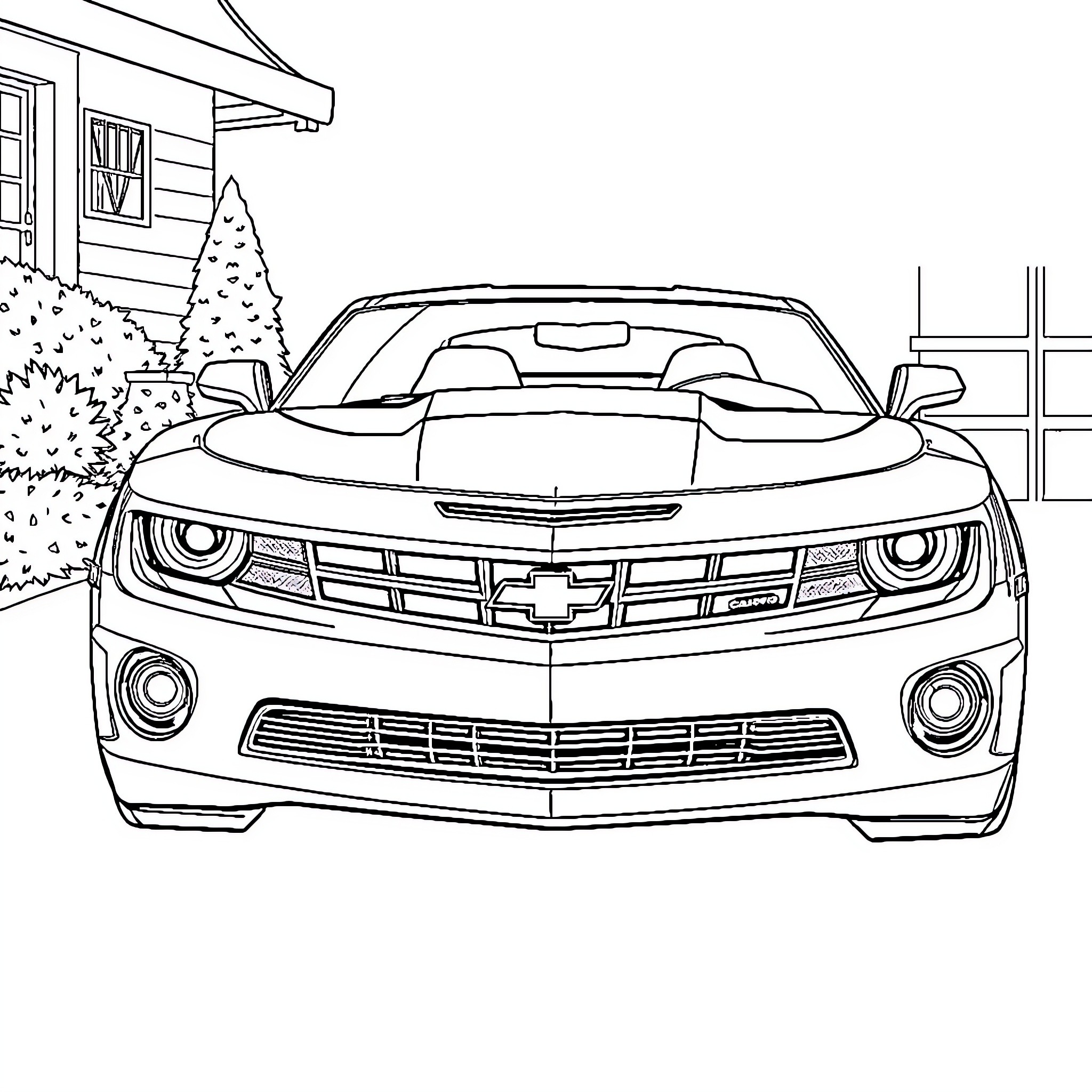 Chevrolet Camaro parked in suburban neighborhood Coloring Page (free black-and-white line drawing printable PDF for all, from beginners to advanced learners, including children, teens, adults, and seniors)