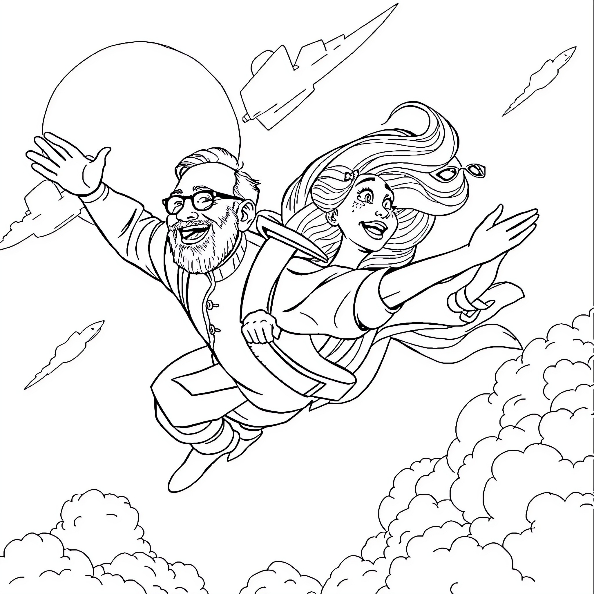 Modi's Joyful Journey in the Skies Coloring Page (free black-and-white line drawing printable PDF for all, from beginners to advanced learners, including children, teens, adults, and seniors)