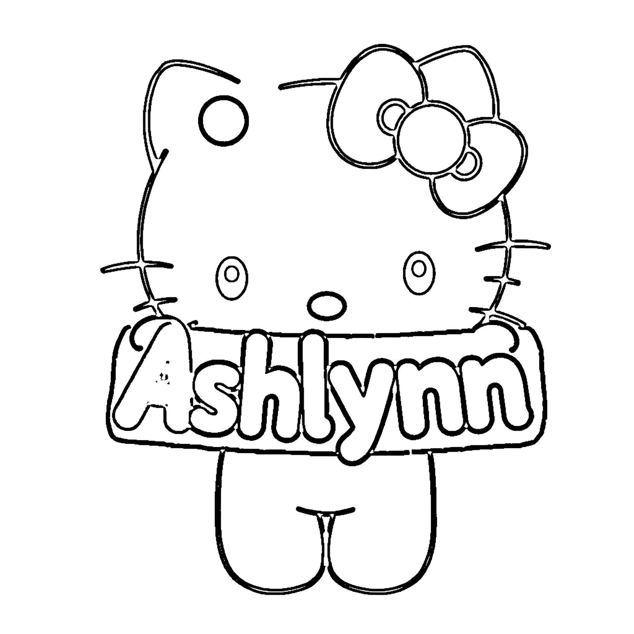 Hello Kitty holding a sign with its name Coloring Page (free black-and-white line drawing printable PDF for all, from beginners to advanced learners, including children, teens, adults, and seniors)