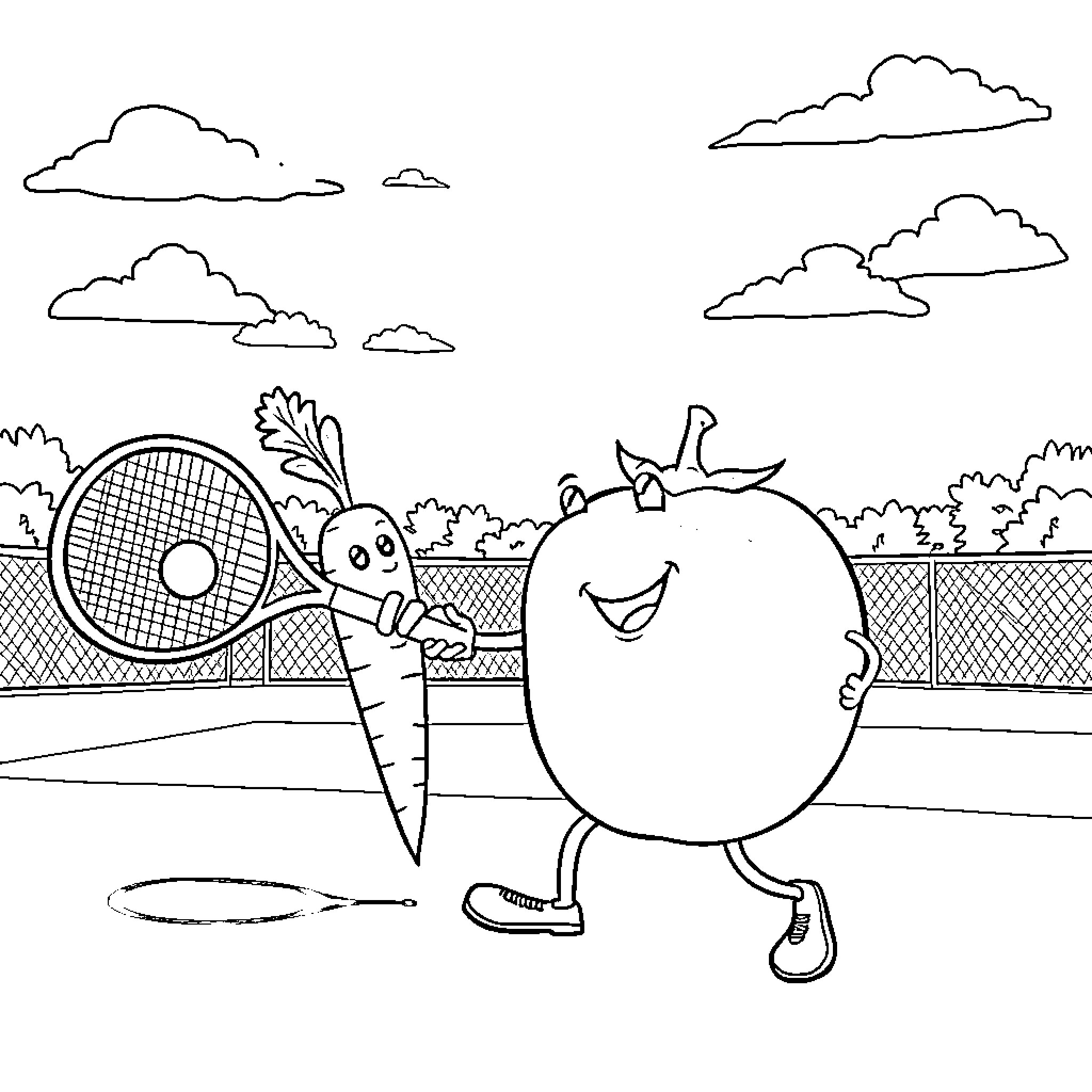 Tomato playing tennis with carrot on the court Coloring Page (free black-and-white line drawing printable PDF for all, from beginners to advanced learners, including children, teens, adults, and seniors)