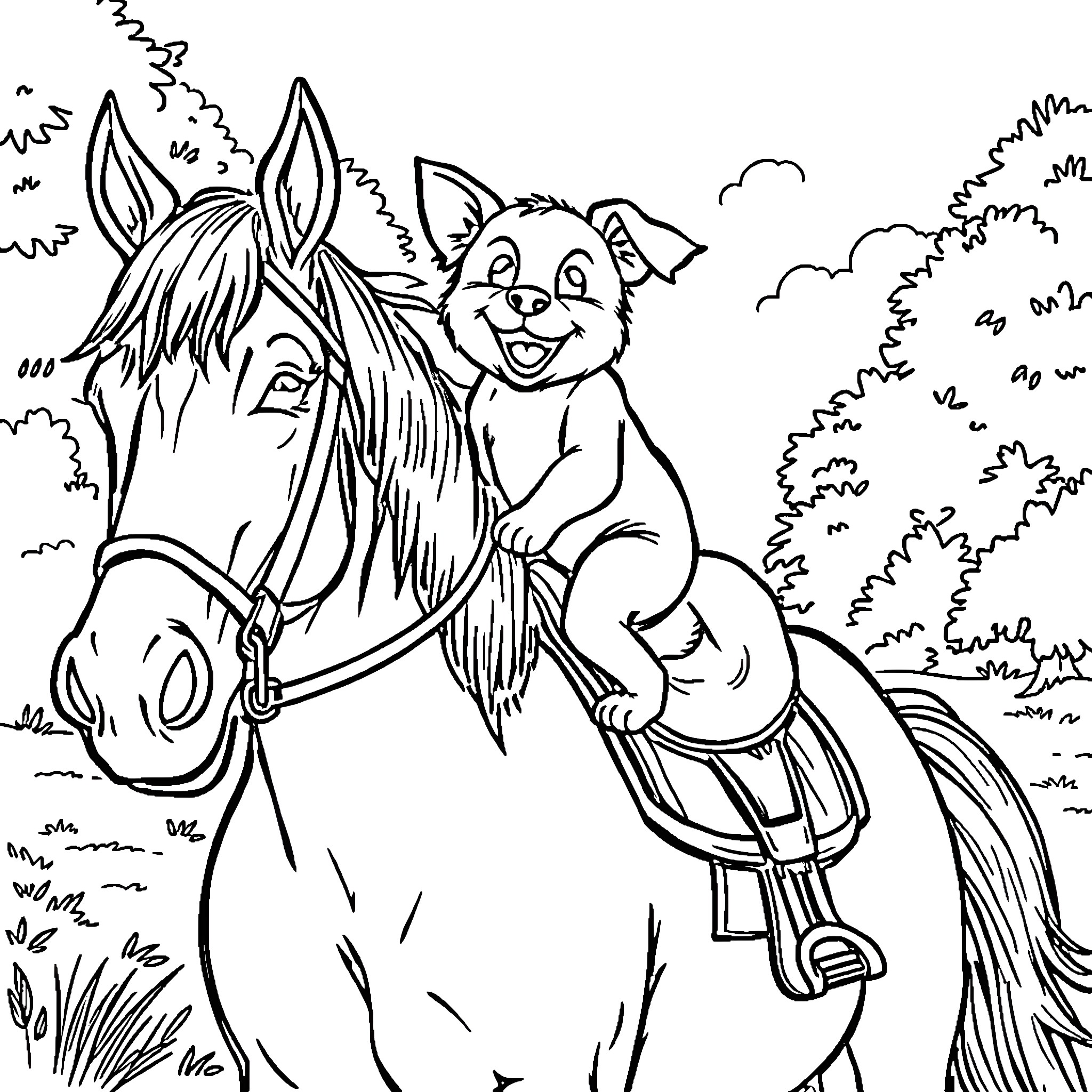 Dog riding a happy horse through the countryside Coloring Page (free black-and-white line drawing printable PDF for all, from beginners to advanced learners, including children, teens, adults, and seniors)