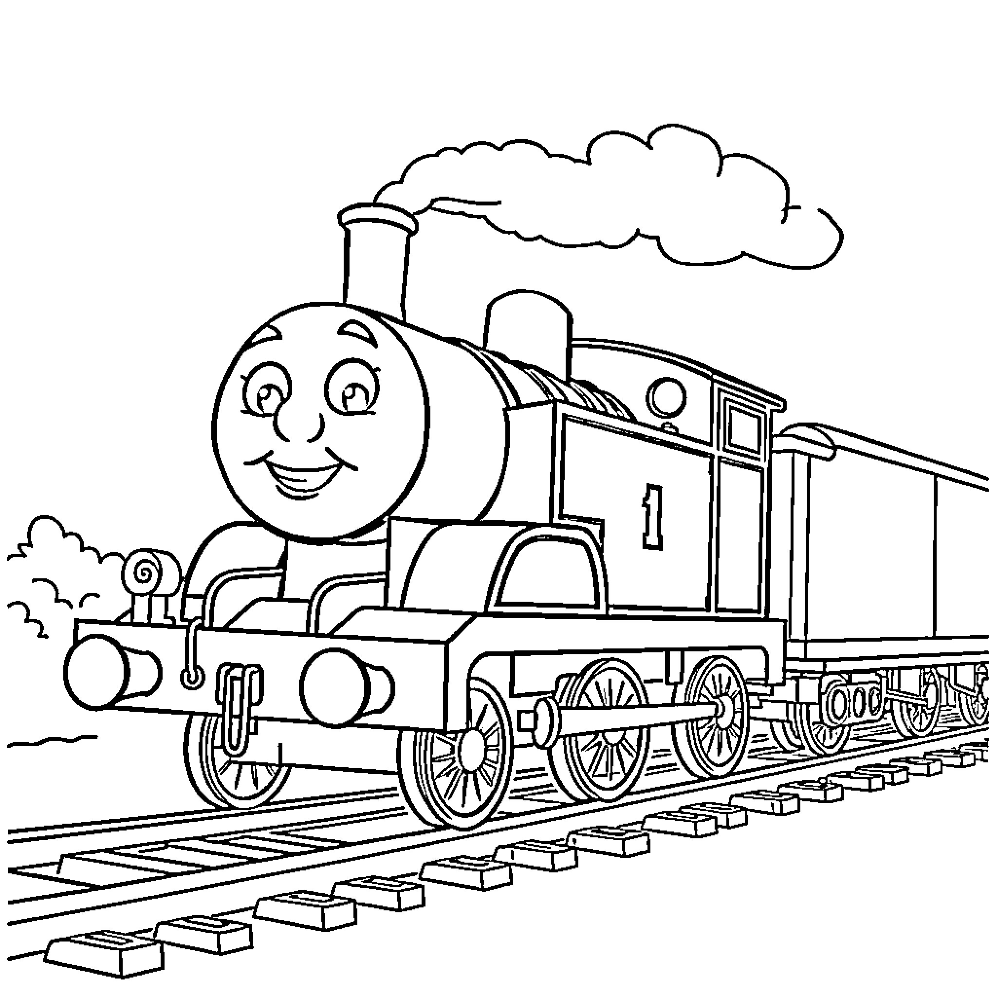 Thomas the Train Smiling on the Railway Coloring Page (free black-and-white line drawing printable PDF for all, from beginners to advanced learners, including children, teens, adults, and seniors)