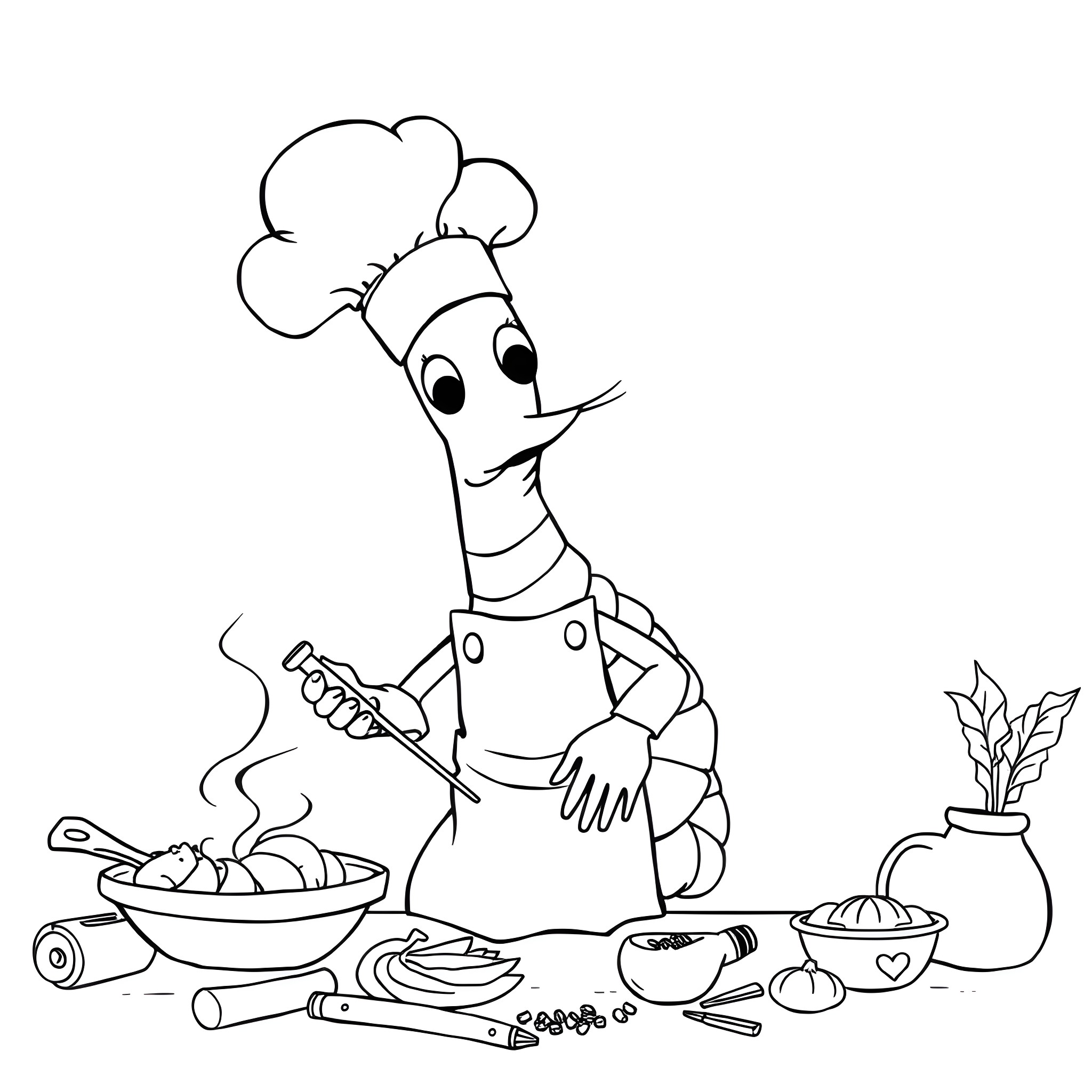 Shrimp chef cooking in the kitchen Coloring Page (free black-and-white line drawing printable PDF for all, from beginners to advanced learners, including children, teens, adults, and seniors)