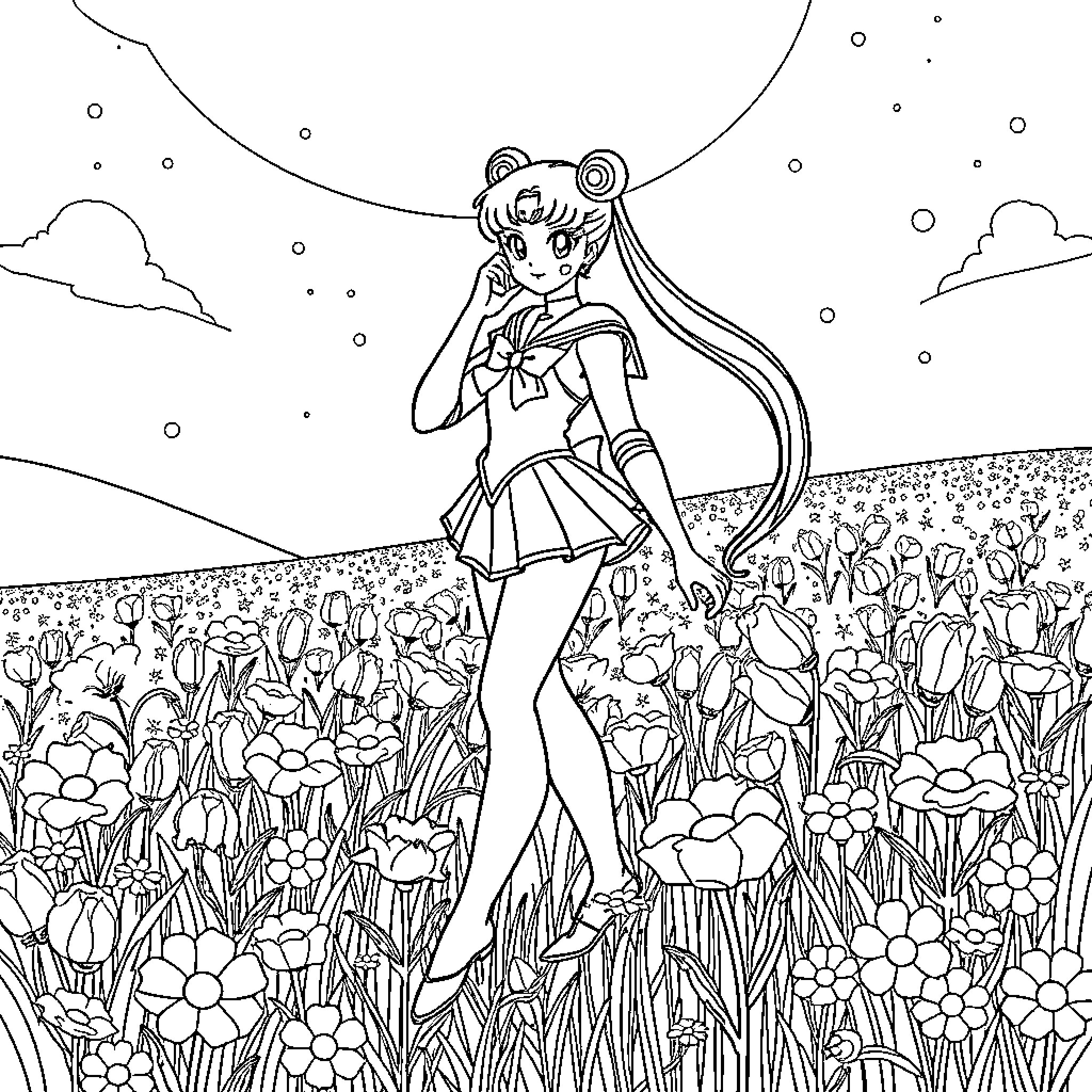 Sailor Moon posing amidst a field of flowers Coloring Page (free black-and-white line drawing printable PDF for all, from beginners to advanced learners, including children, teens, adults, and seniors)