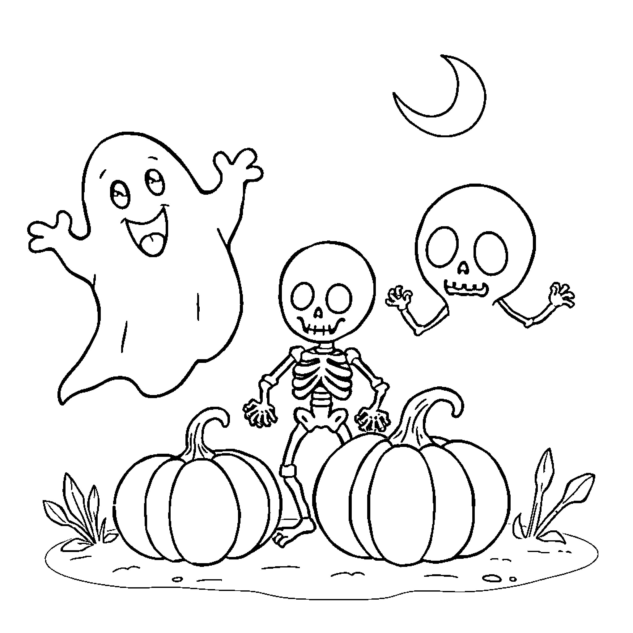Halloween Creature Celebrates with Ghostly Friends Coloring Page (free black-and-white line drawing printable PDF for all, from beginners to advanced learners, including children, teens, adults, and seniors)
