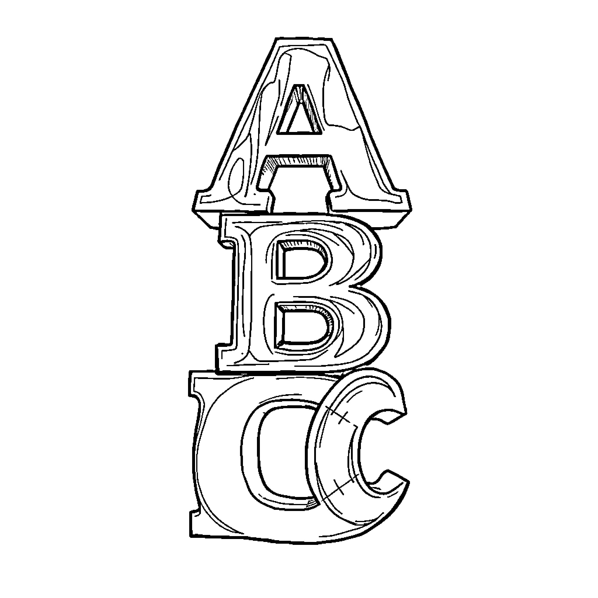 ABC Alphabet Letters Stacked Creatively Coloring Page (free black-and-white line drawing printable PDF for all, from beginners to advanced learners, including children, teens, adults, and seniors)