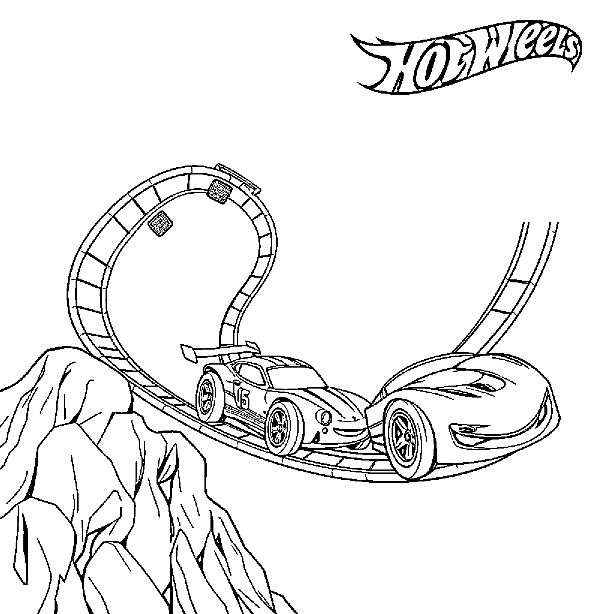Hot Wheels racing cars on a stunt track Coloring Page (free black-and-white line drawing printable PDF for all, from beginners to advanced learners, including children, teens, adults, and seniors)