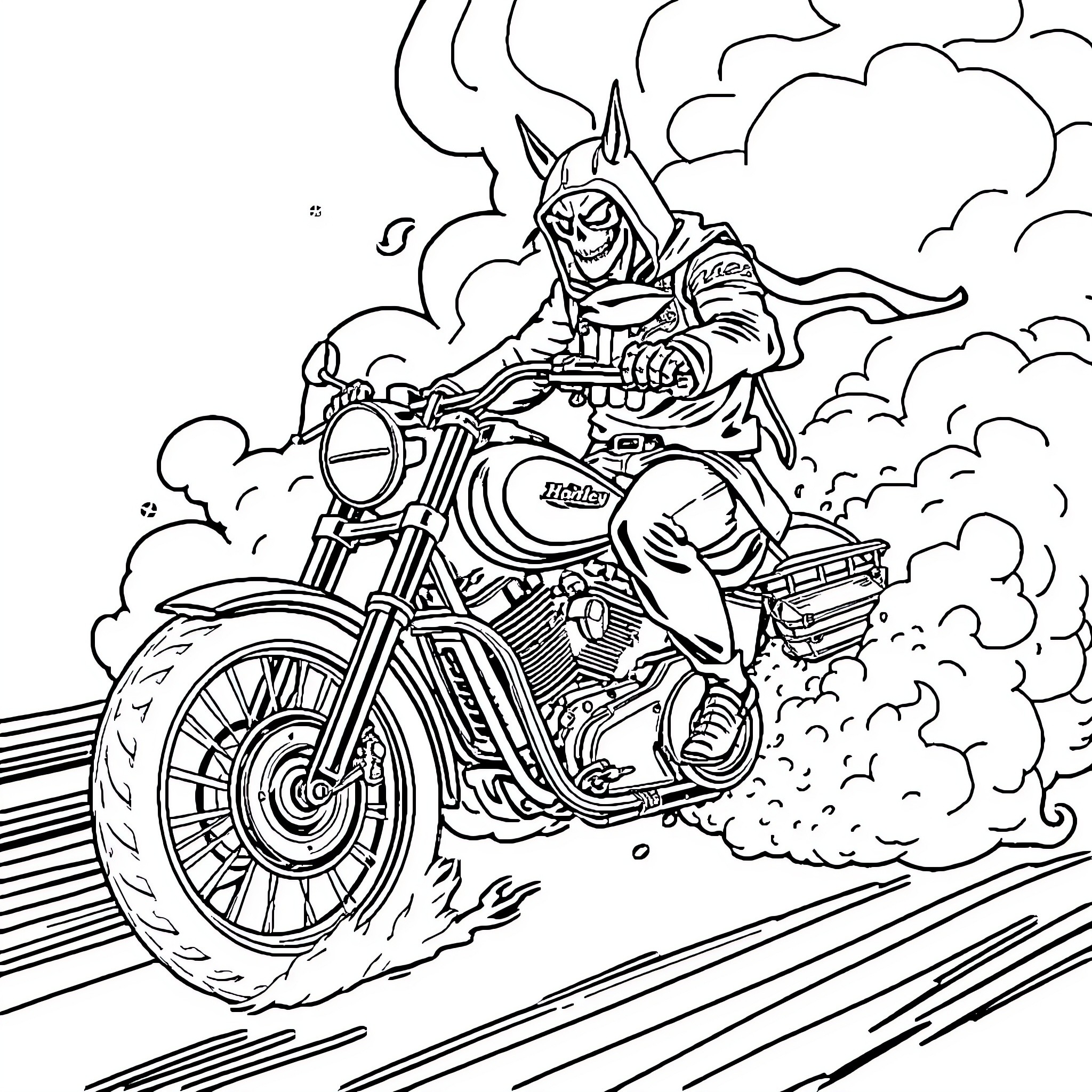 Horseman on a roaring motorcycle in the clouds Coloring Page (free black-and-white line drawing printable PDF for all, from beginners to advanced learners, including children, teens, adults, and seniors)