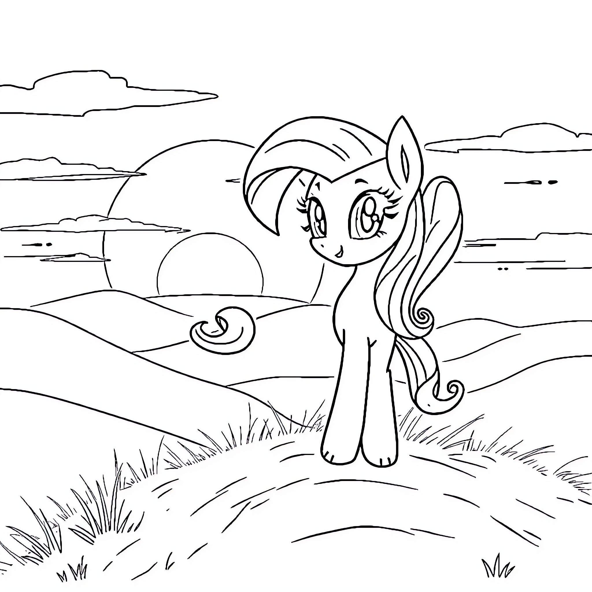 Sunset Shimmer enjoying the landscape at sunset Coloring Page (free black-and-white line drawing printable PDF for all, from beginners to advanced learners, including children, teens, adults, and seniors)