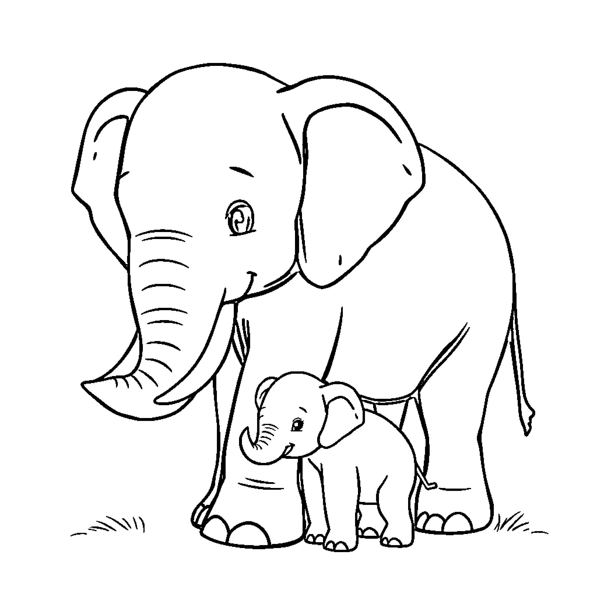 Elephant and Baby Elephant in the Wild Coloring Page (free black-and-white line drawing printable PDF for all, from beginners to advanced learners, including children, teens, adults, and seniors)