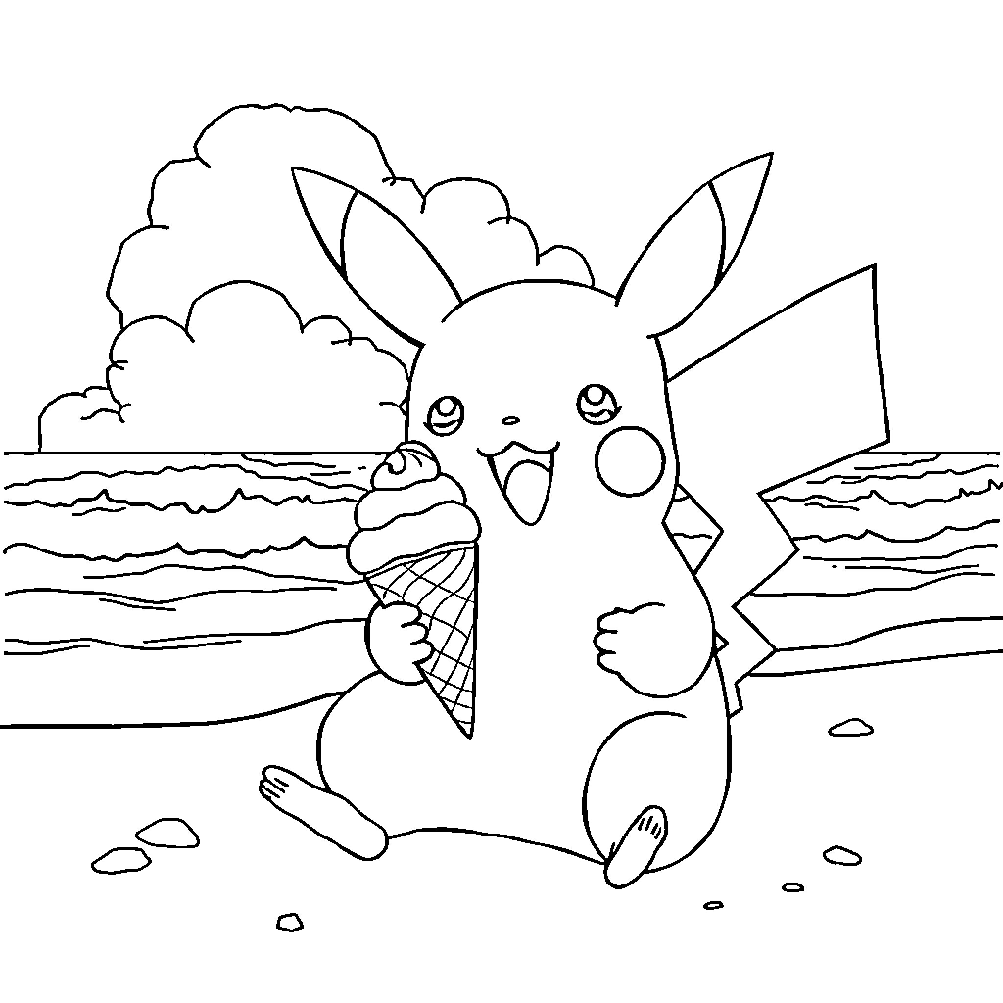 Pikachu enjoying an ice cream by the beach Coloring Page (free black-and-white line drawing printable PDF for all, from beginners to advanced learners, including children, teens, adults, and seniors)