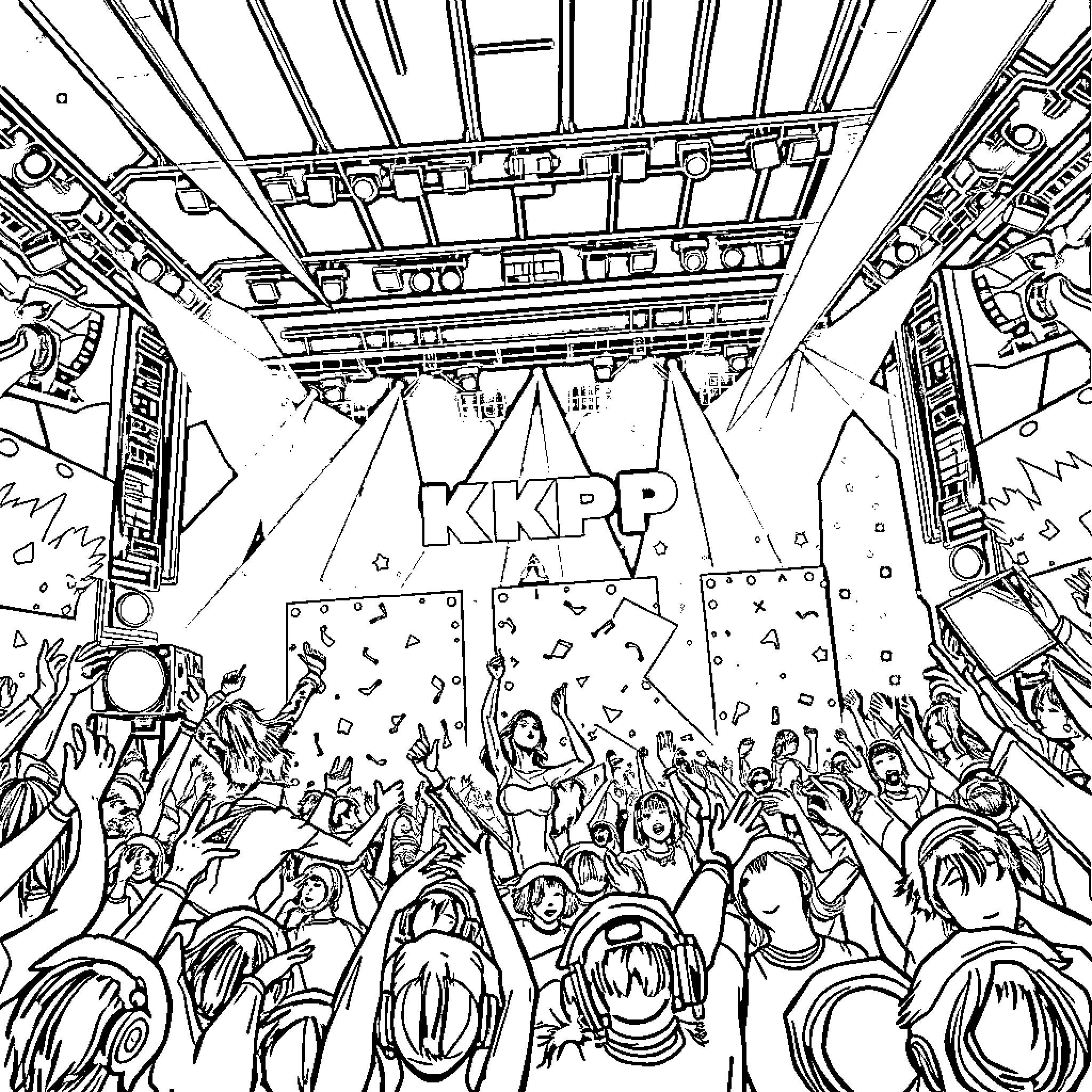 Kpop concert crowd cheering and dancing on stage Coloring Page (free black-and-white line drawing printable PDF for all, from beginners to advanced learners, including children, teens, adults, and seniors)