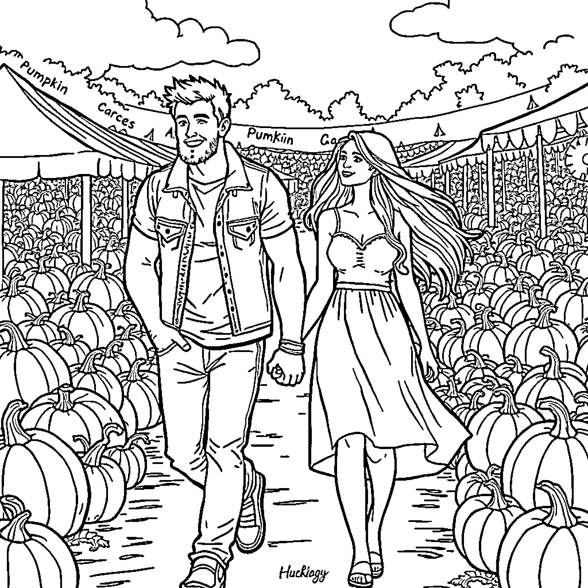 Guy and Girl Strolling Through Pumpkin Patch Coloring Page (free black-and-white line drawing printable PDF for all, from beginners to advanced learners, including children, teens, adults, and seniors)