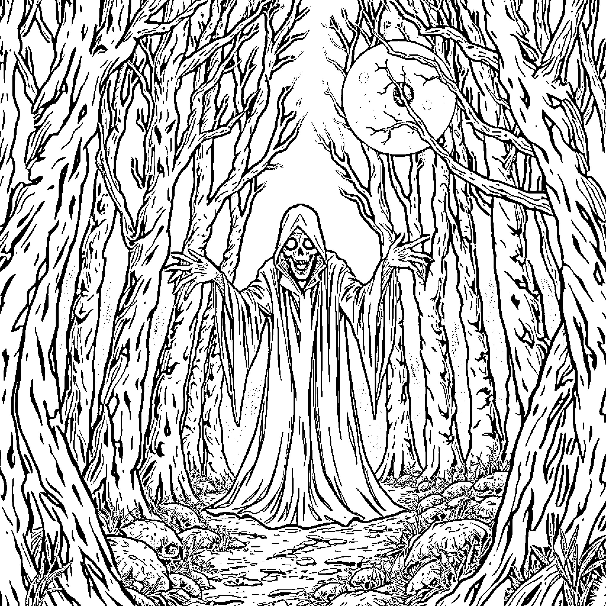 Evil Dead - Sinister Hooded Figure in Haunting Forest Coloring Page (free black-and-white line drawing printable PDF for all, from beginners to advanced learners, including children, teens, adults, and seniors)