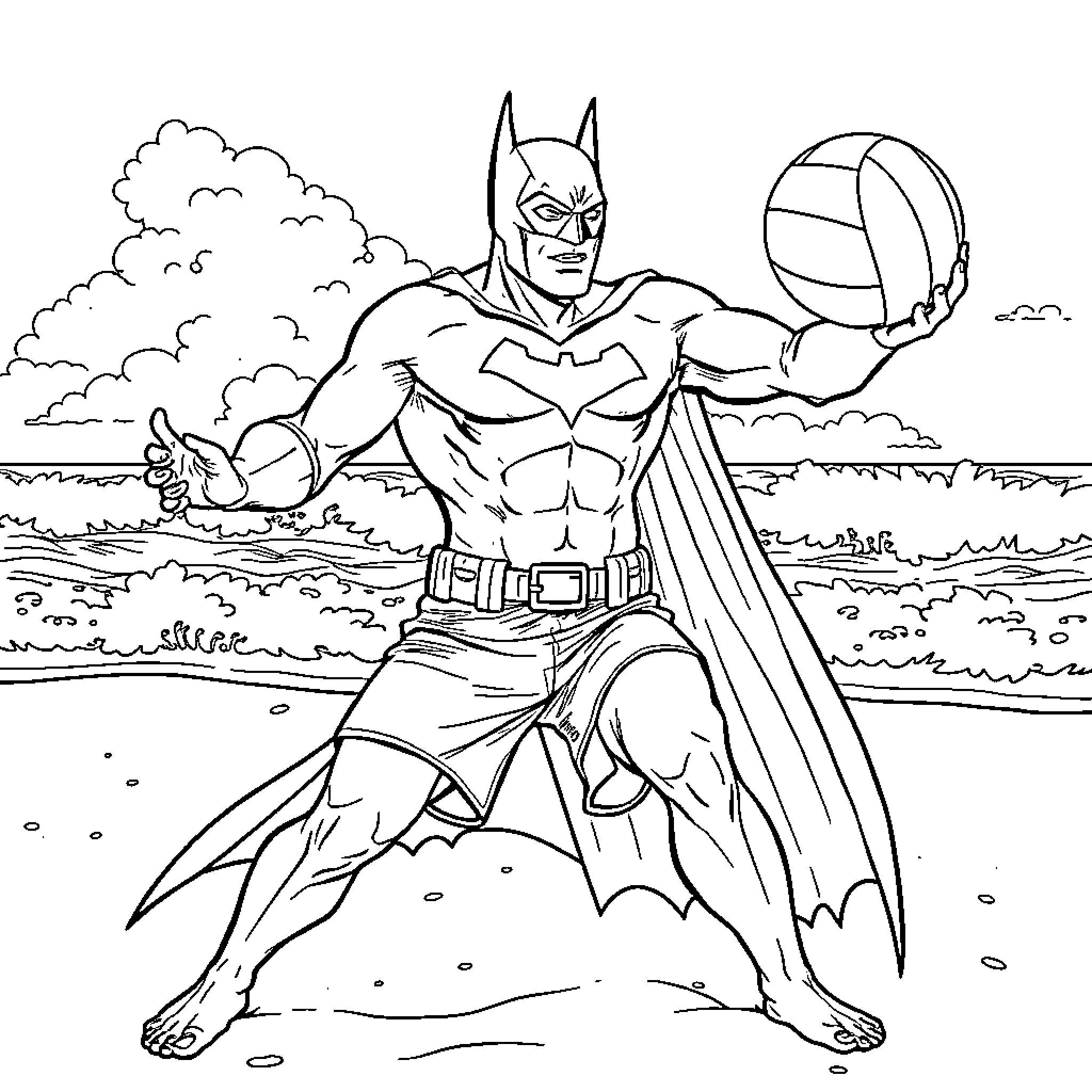 Batman heroically posing on the beach Coloring Page (free black-and-white line drawing printable PDF for all, from beginners to advanced learners, including children, teens, adults, and seniors)