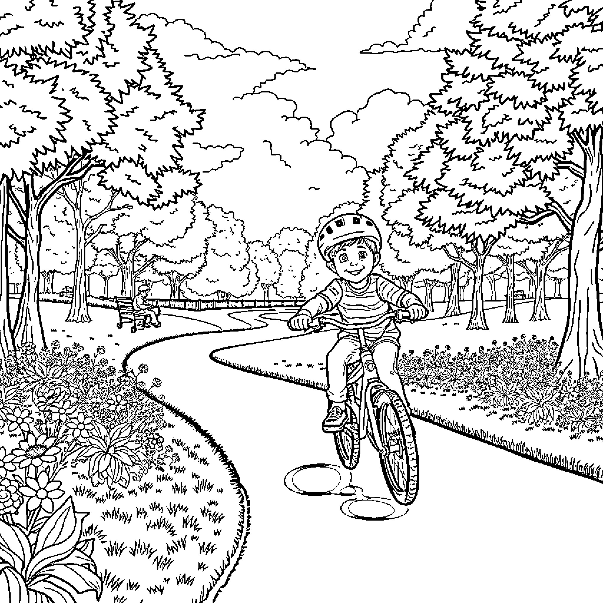 Boy riding bicycle in the forest park Coloring Page (free black-and-white line drawing printable PDF for all, from beginners to advanced learners, including children, teens, adults, and seniors)