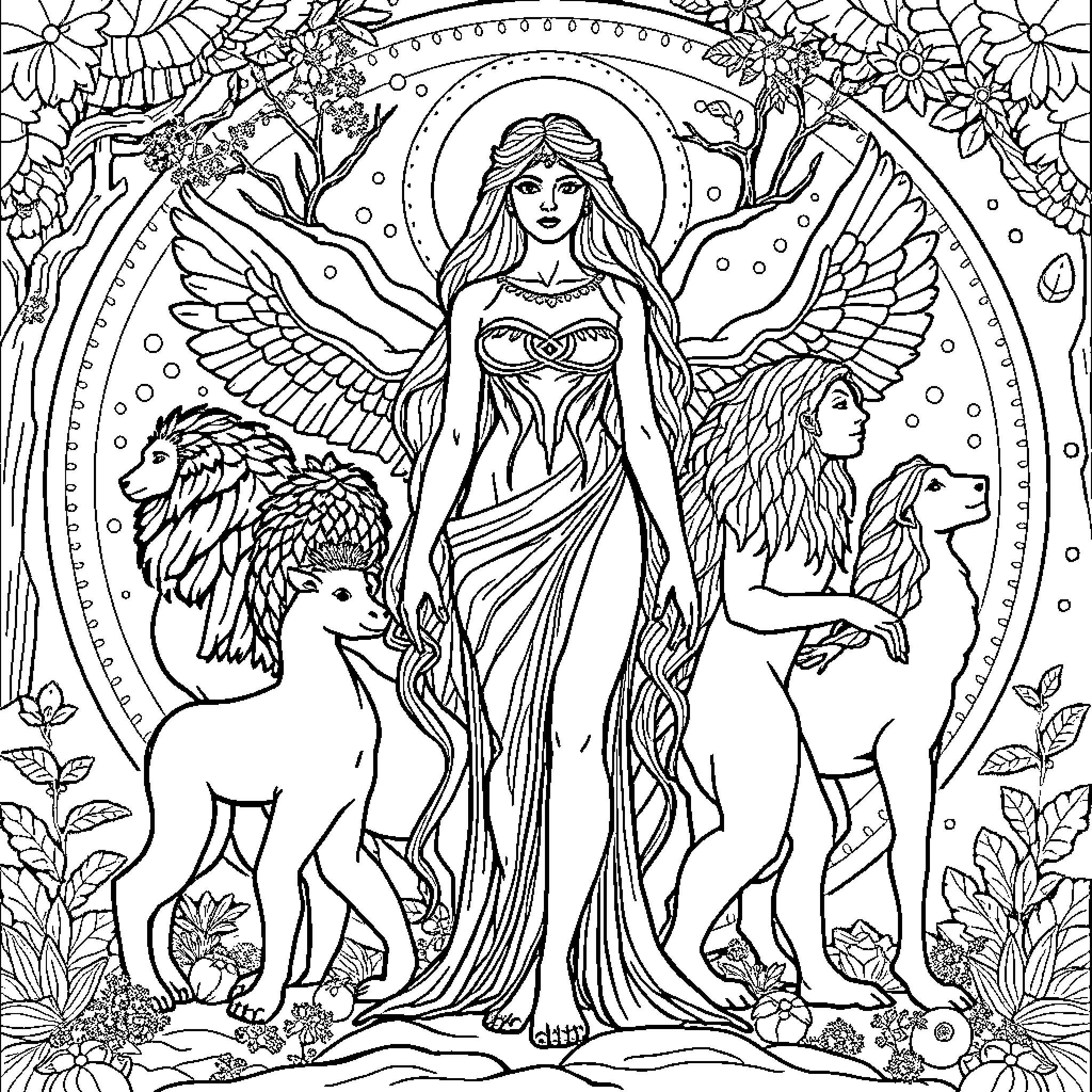 Eevee's Mythical Enchantress Encounter Coloring Page (free black-and-white line drawing printable PDF for all, from beginners to advanced learners, including children, teens, adults, and seniors)