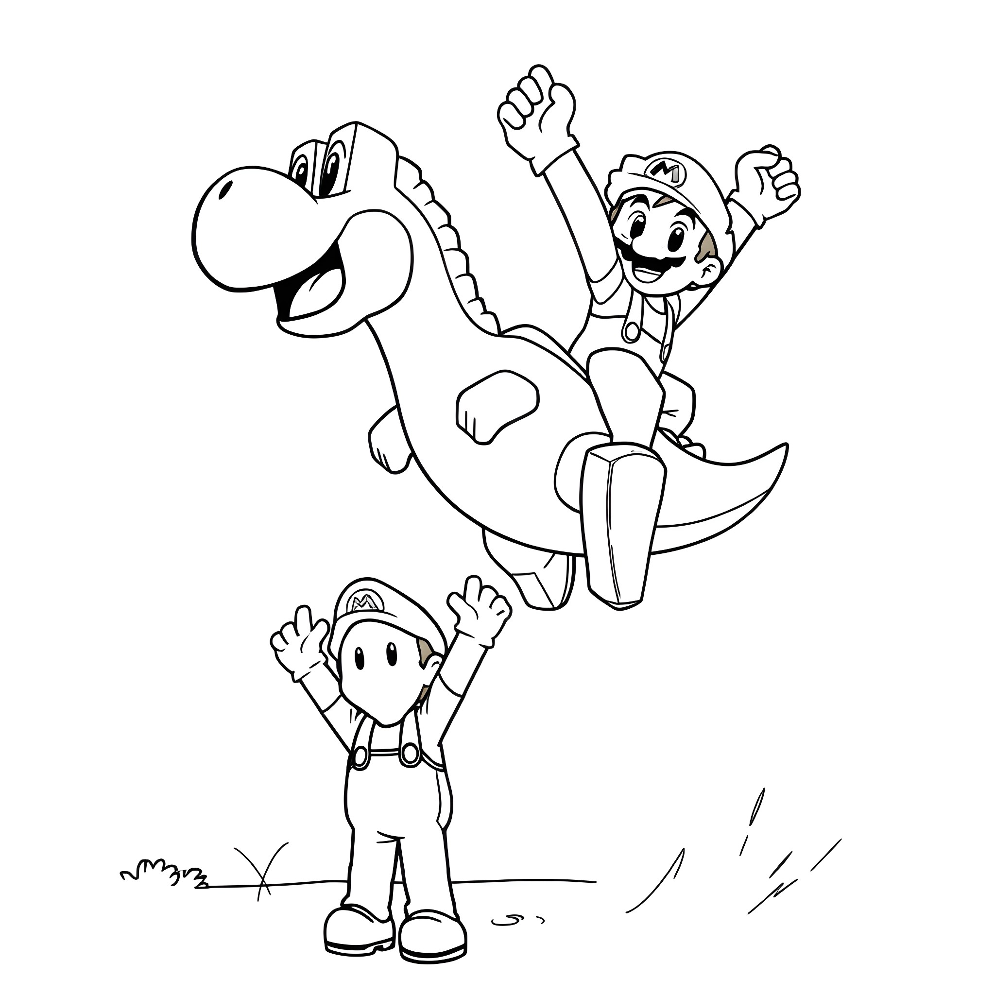 Minecraft Steve riding a friendly dinosaur with enthusiasm Coloring Page (free black-and-white line drawing printable PDF for all, from beginners to advanced learners, including children, teens, adults, and seniors)