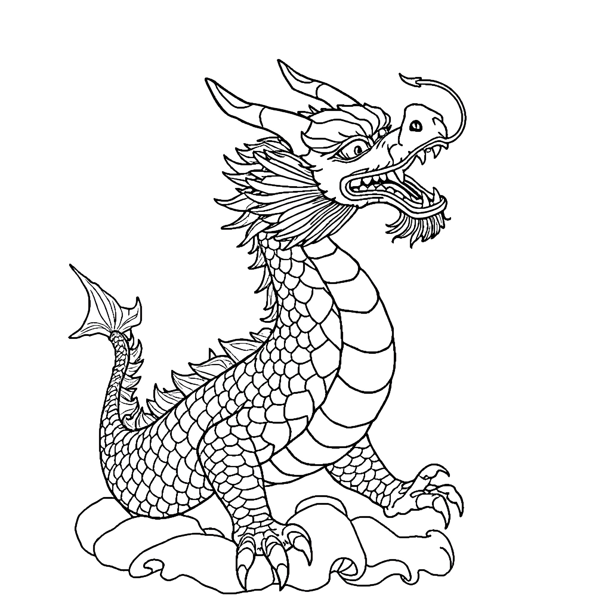Dragon Unleashing Its Fierce Roar Coloring Page (free black-and-white line drawing printable PDF for all, from beginners to advanced learners, including children, teens, adults, and seniors)