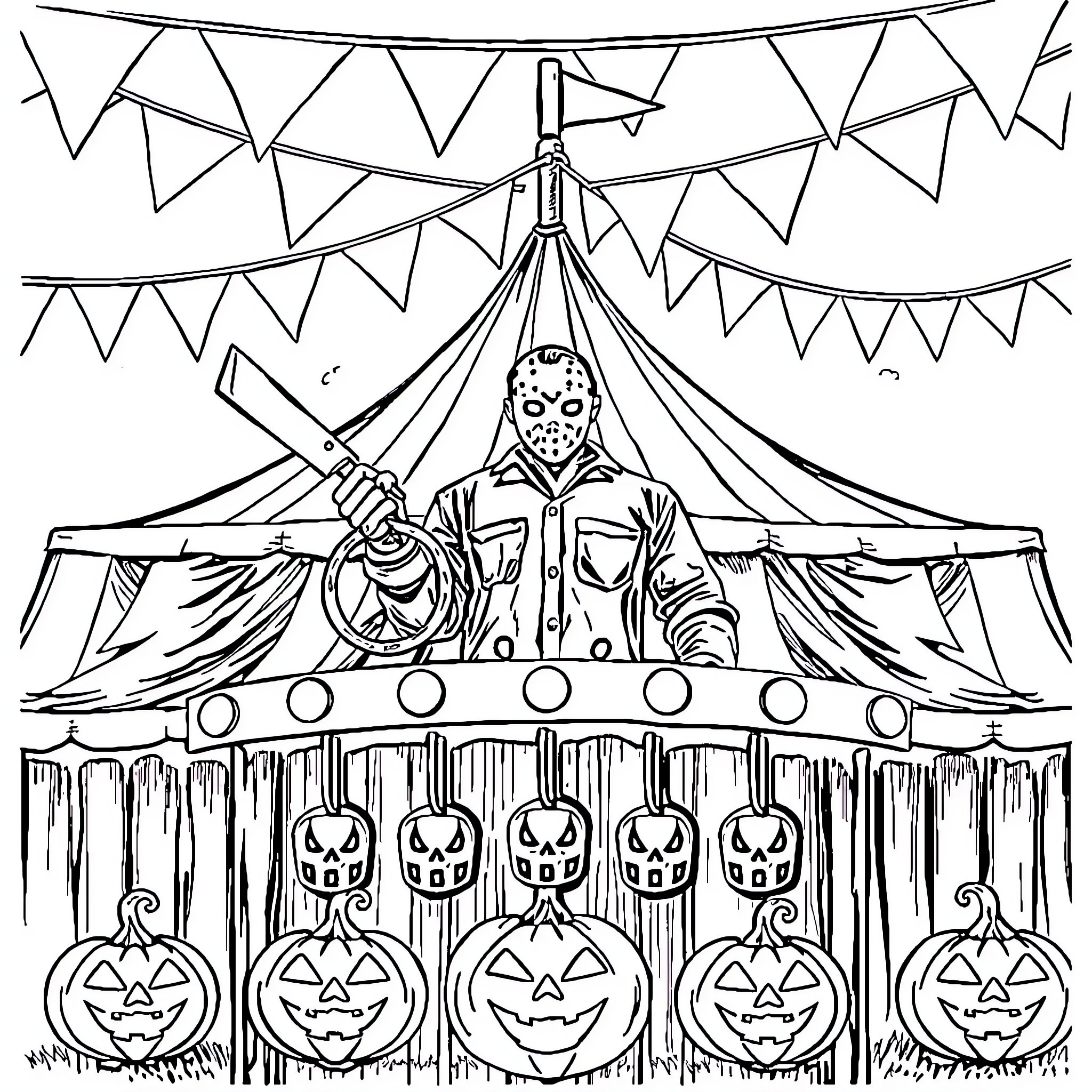 Jason Voorhees at the Halloween carnival Coloring Page (free black-and-white line drawing printable PDF for all, from beginners to advanced learners, including children, teens, adults, and seniors)